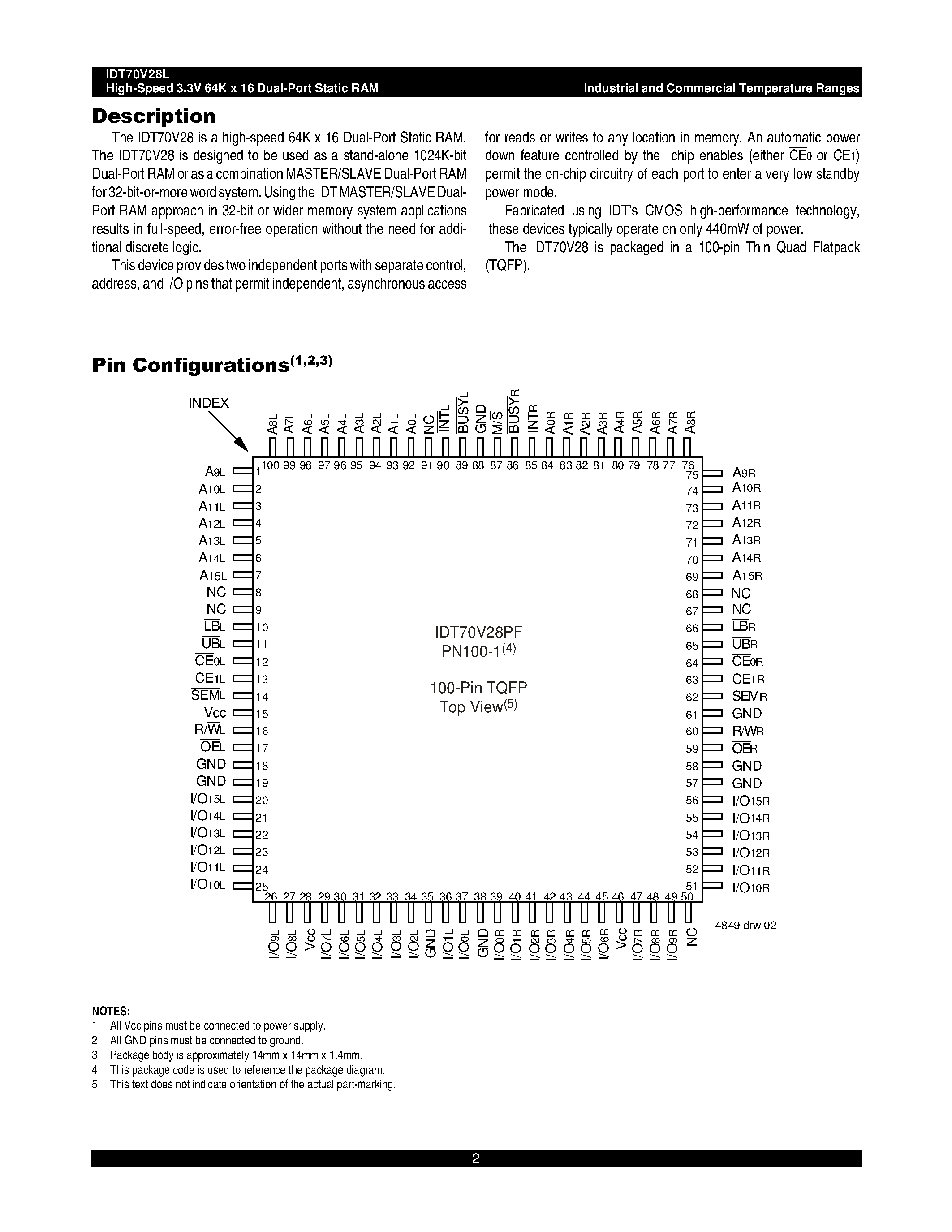 Datasheet IDT70V28L - HIGH-SPEED 3.3V 64K x 16 DUAL-PORT STATIC RAM page 2