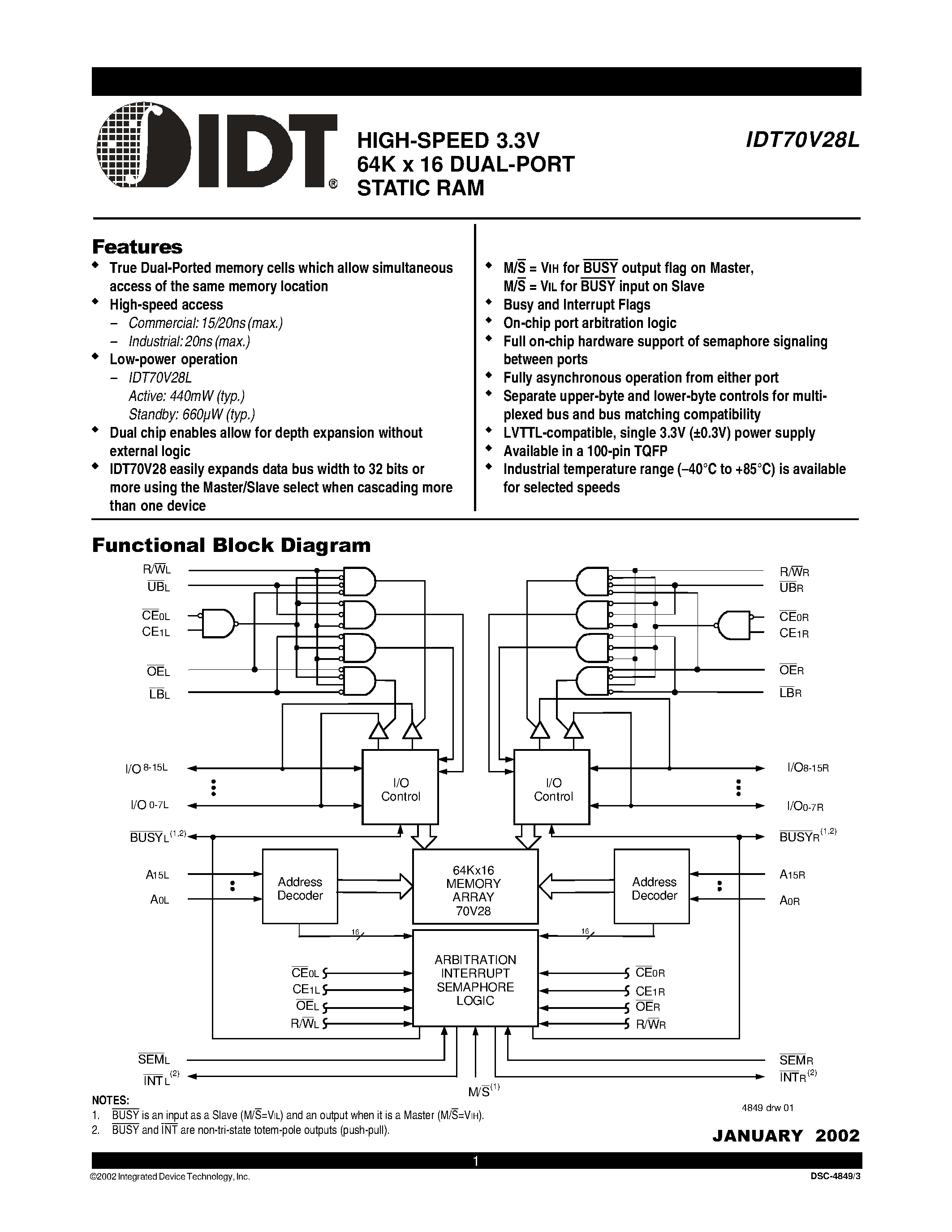 Datasheet IDT70V28L15PFI - HIGH-SPEED 3.3V 64K x 16 DUAL-PORT STATIC RAM page 1
