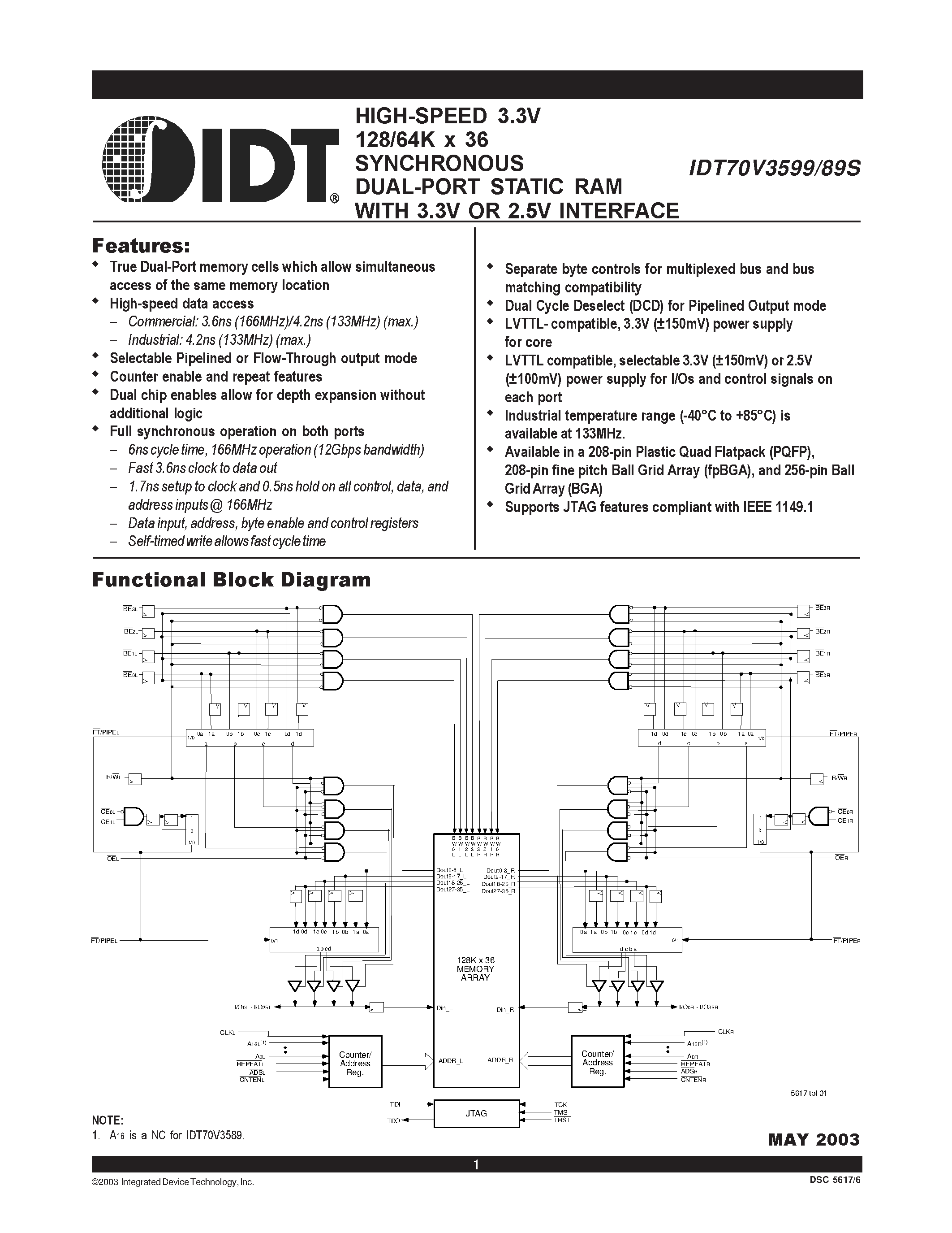 Datasheet IDT70V3599 - HIGH-SPEED 3.3V 128/64K x 36 SYNCHRONOUS DUAL-PORT STATIC RAM WITH 3.3V OR 2.5V INTERFACE page 1