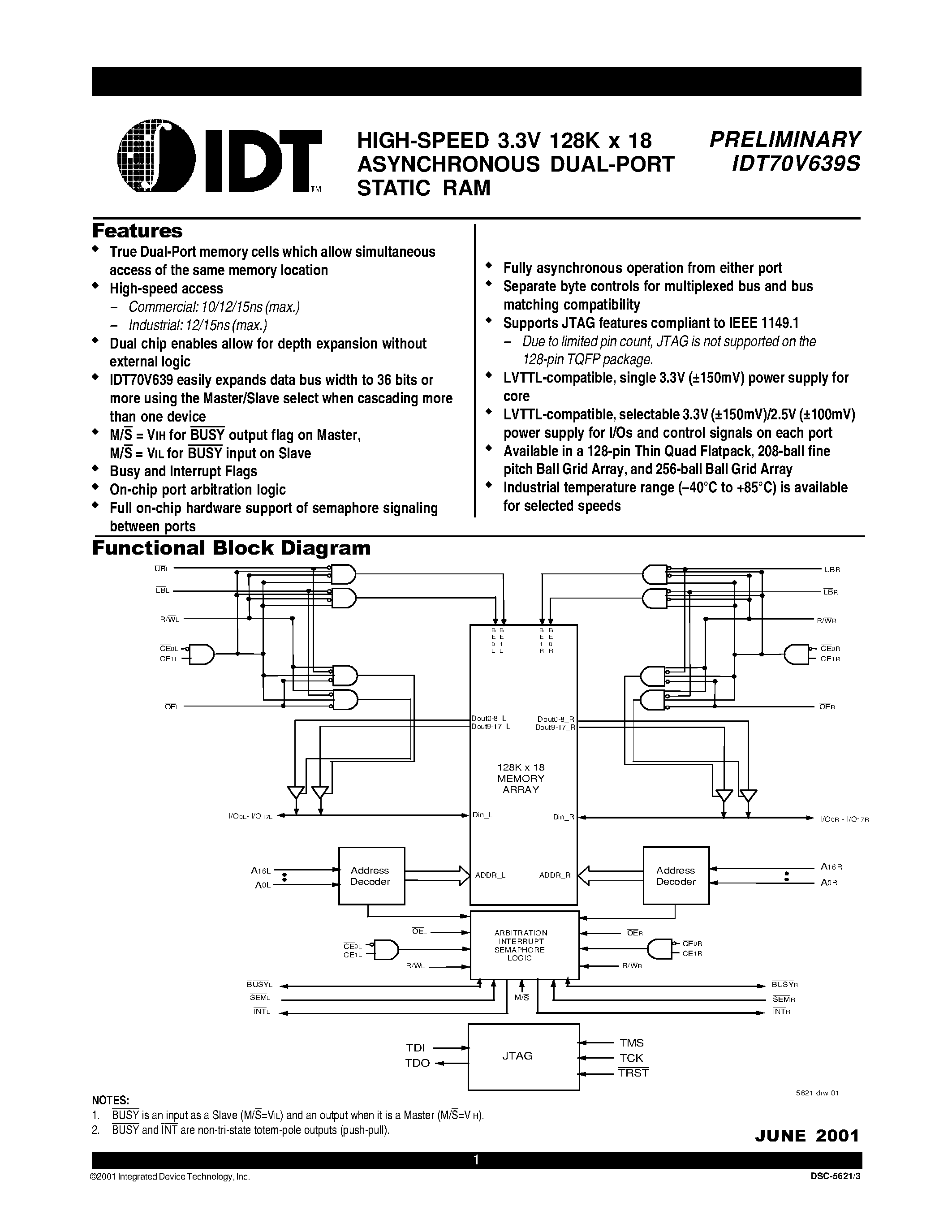 Datasheet IDT70V639S - HIGH-SPEED 3.3V 128K x 18 ASYNCHRONOUS DUAL-PORT STATIC RAM page 1