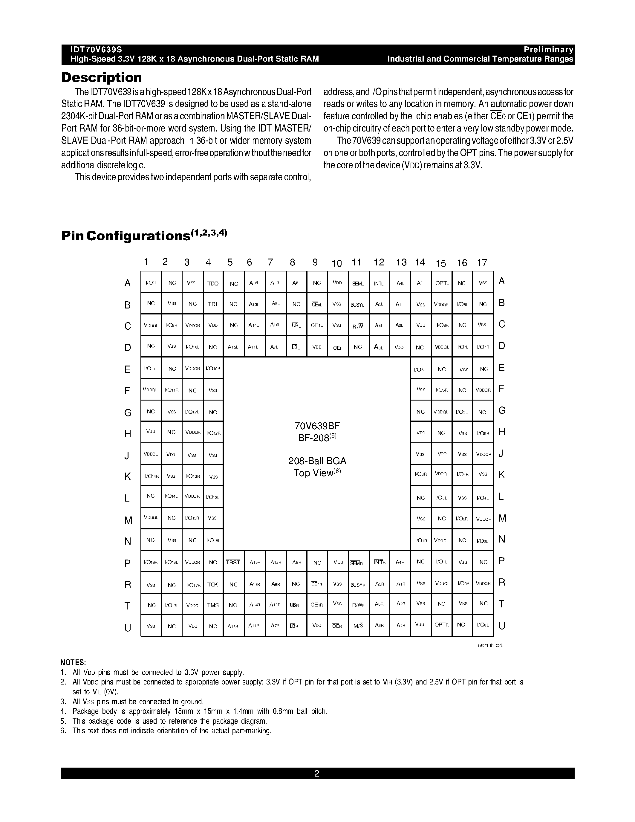 Datasheet IDT70V639S - HIGH-SPEED 3.3V 128K x 18 ASYNCHRONOUS DUAL-PORT STATIC RAM page 2
