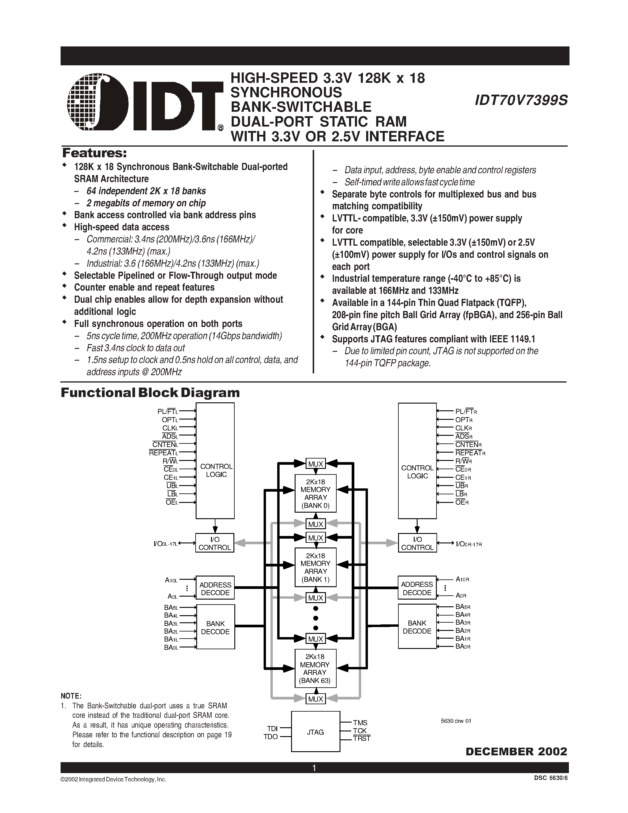 Datasheet IDT70V7399S - HIGH-SPEED 3.3V 128K x 18 SYNCHRONOUS BANK-SWITCHABLE DUAL-PORT STATIC RAM WITH 3.3V OR 2.5V INTERFACE page 1
