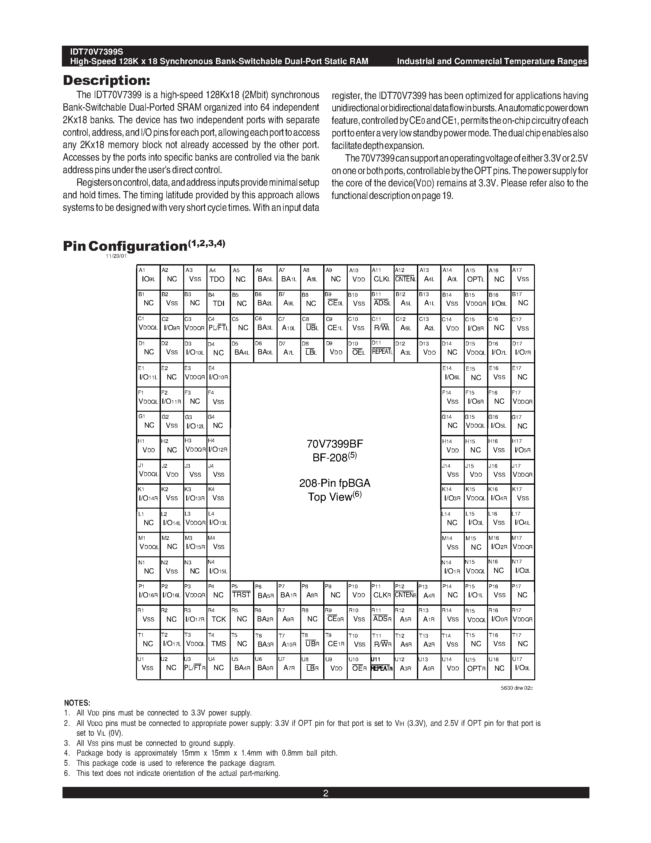 Datasheet IDT70V7399S - HIGH-SPEED 3.3V 128K x 18 SYNCHRONOUS BANK-SWITCHABLE DUAL-PORT STATIC RAM WITH 3.3V OR 2.5V INTERFACE page 2