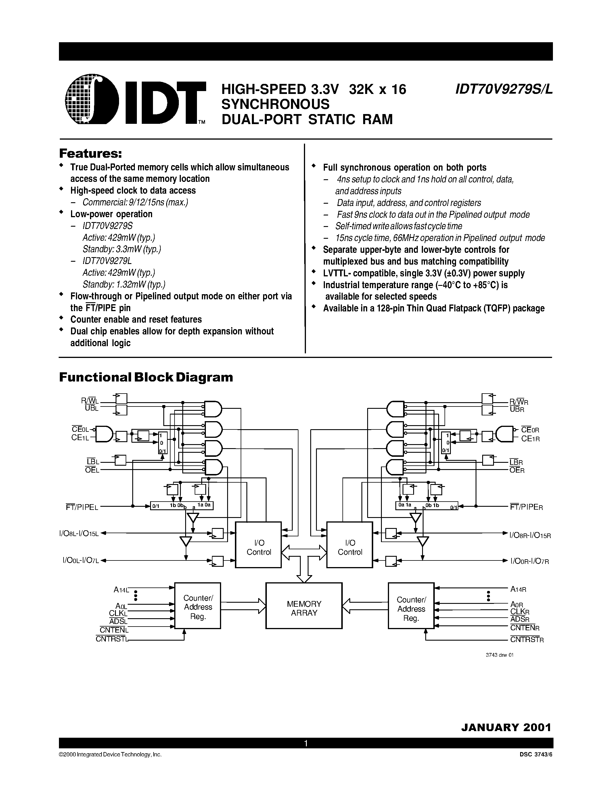 Datasheet IDT70V9279L - HIGH-SPEED 3.3V 32K x 16 SYNCHRONOUS DUAL-PORT STATIC RAM page 1