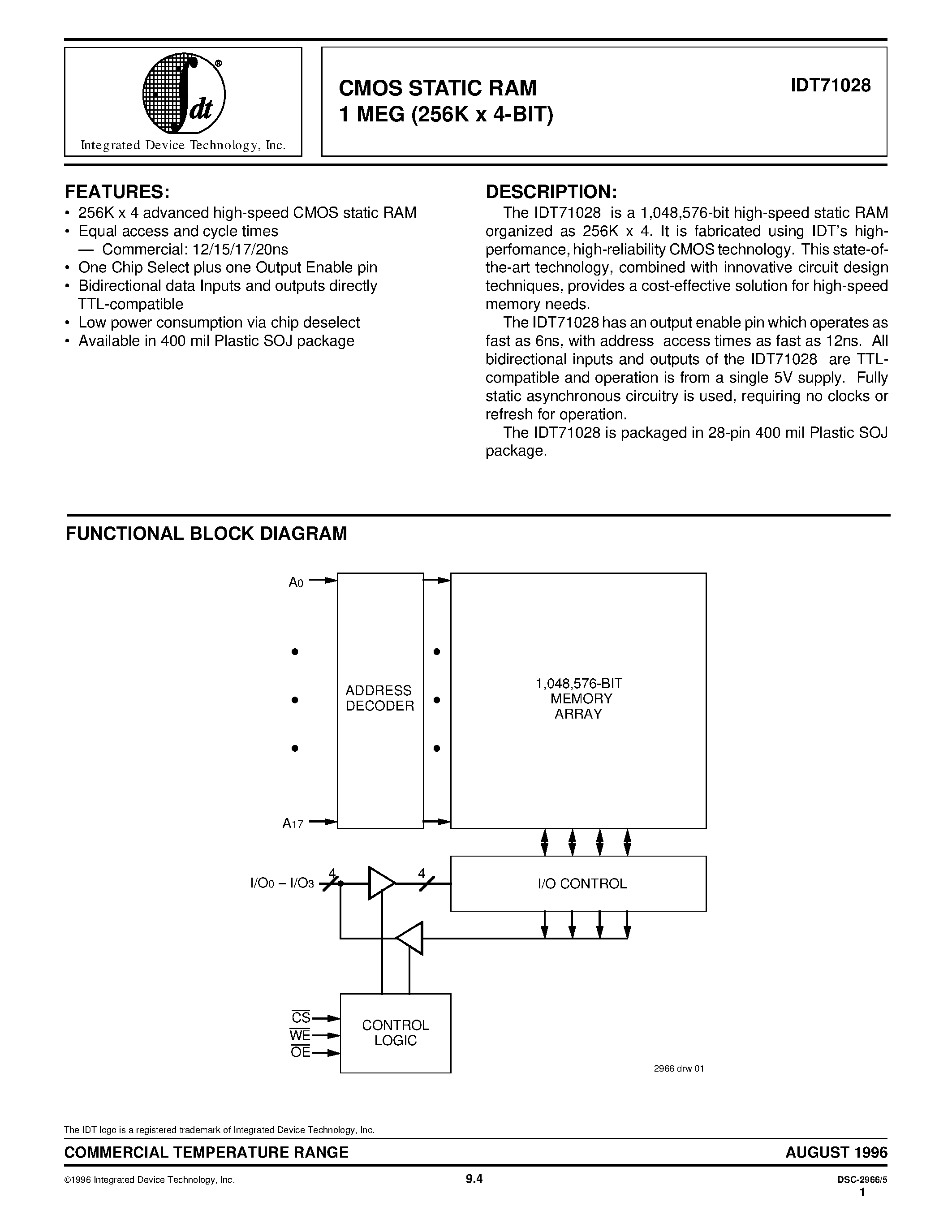 Даташит IDT71028S15Y - CMOS STATIC RAM 1 MEG (256K x 4-BIT) страница 1