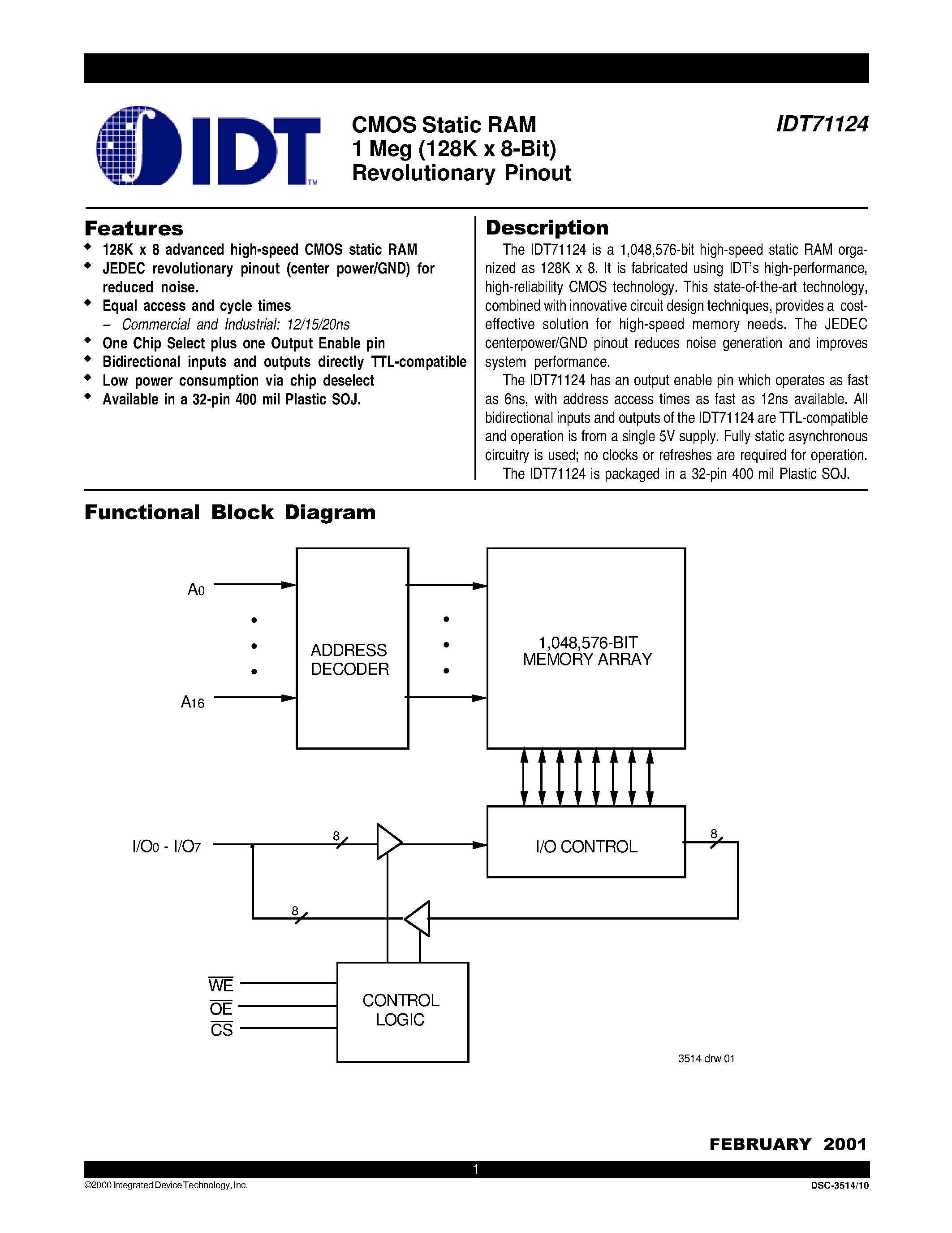 Даташит IDT71124S15Y - CMOS Static RAM 1 Meg (128K x 8-Bit) Revolutionary Pinout страница 1