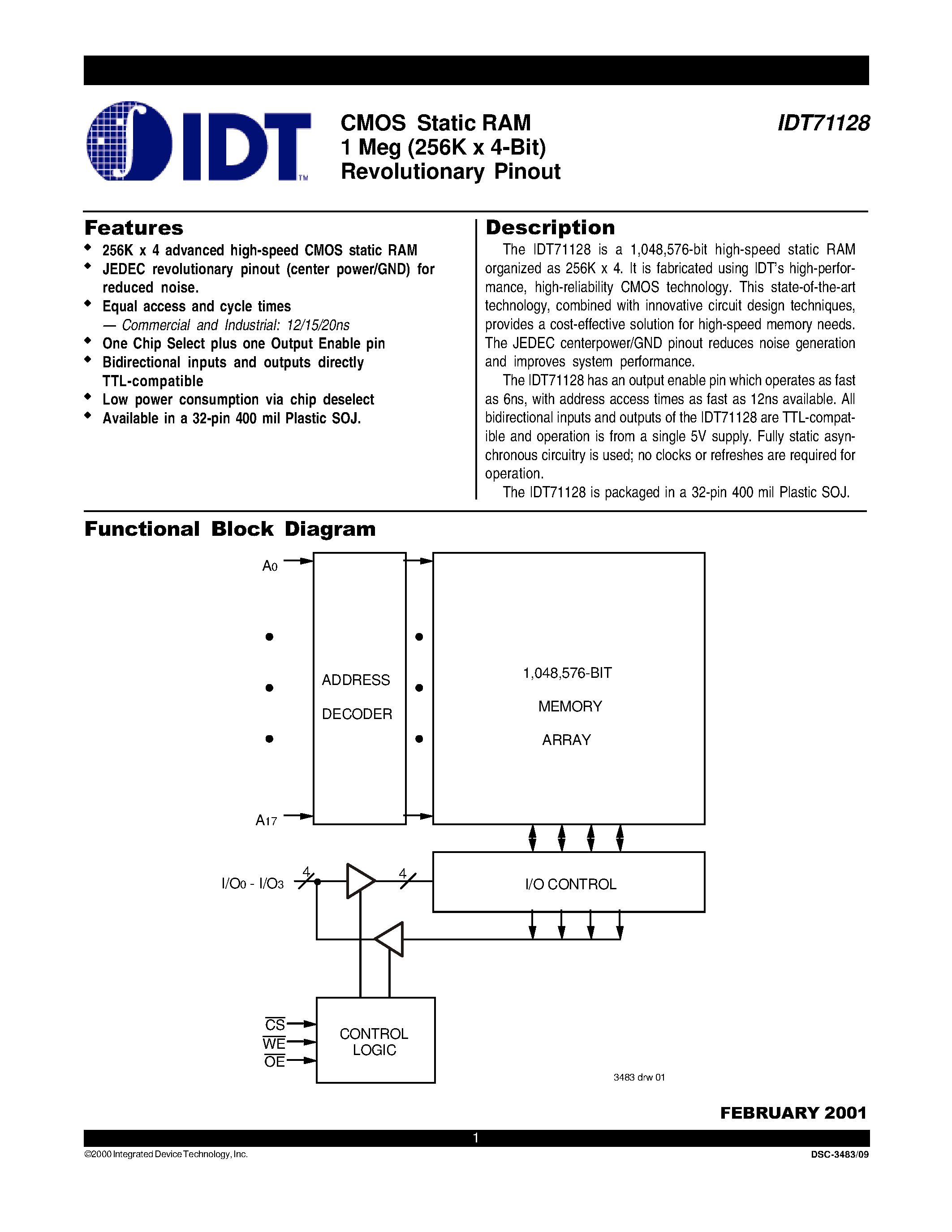 Даташит IDT71128S20YI - CMOS Static RAM 1 Meg (256K x 4-Bit) Revolutionary Pinout страница 1