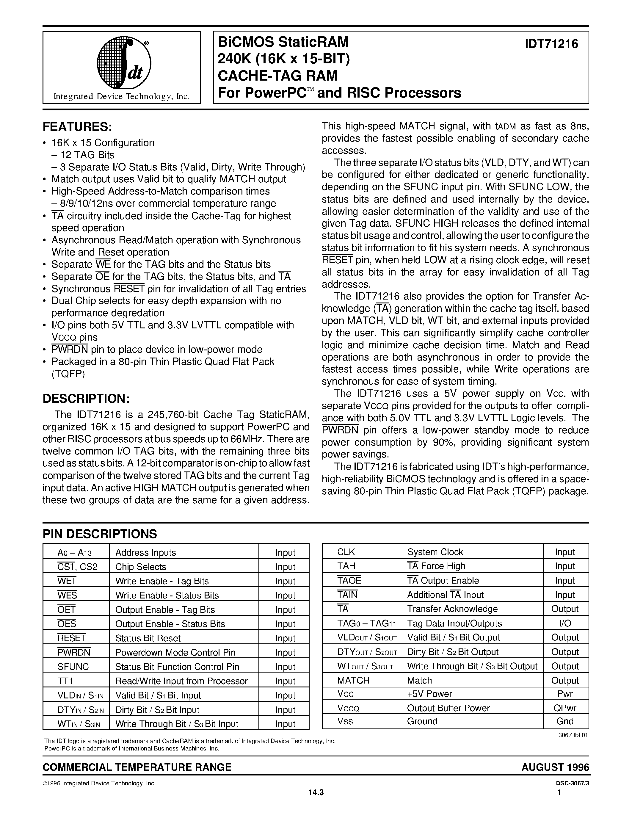 Datasheet IDT71216S10PF - BiCMOS StaticRAM 240K (16K x 15-BIT) CACHE-TAG RAM For PowerPCO and RISC Processors page 1