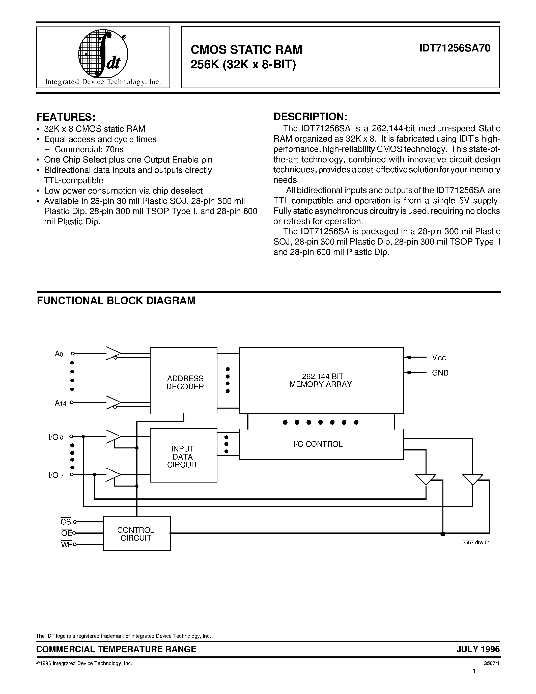Даташит IDT71256SA70PZ - CMOS STATIC RAM 256K (32K x 8-BIT) страница 1