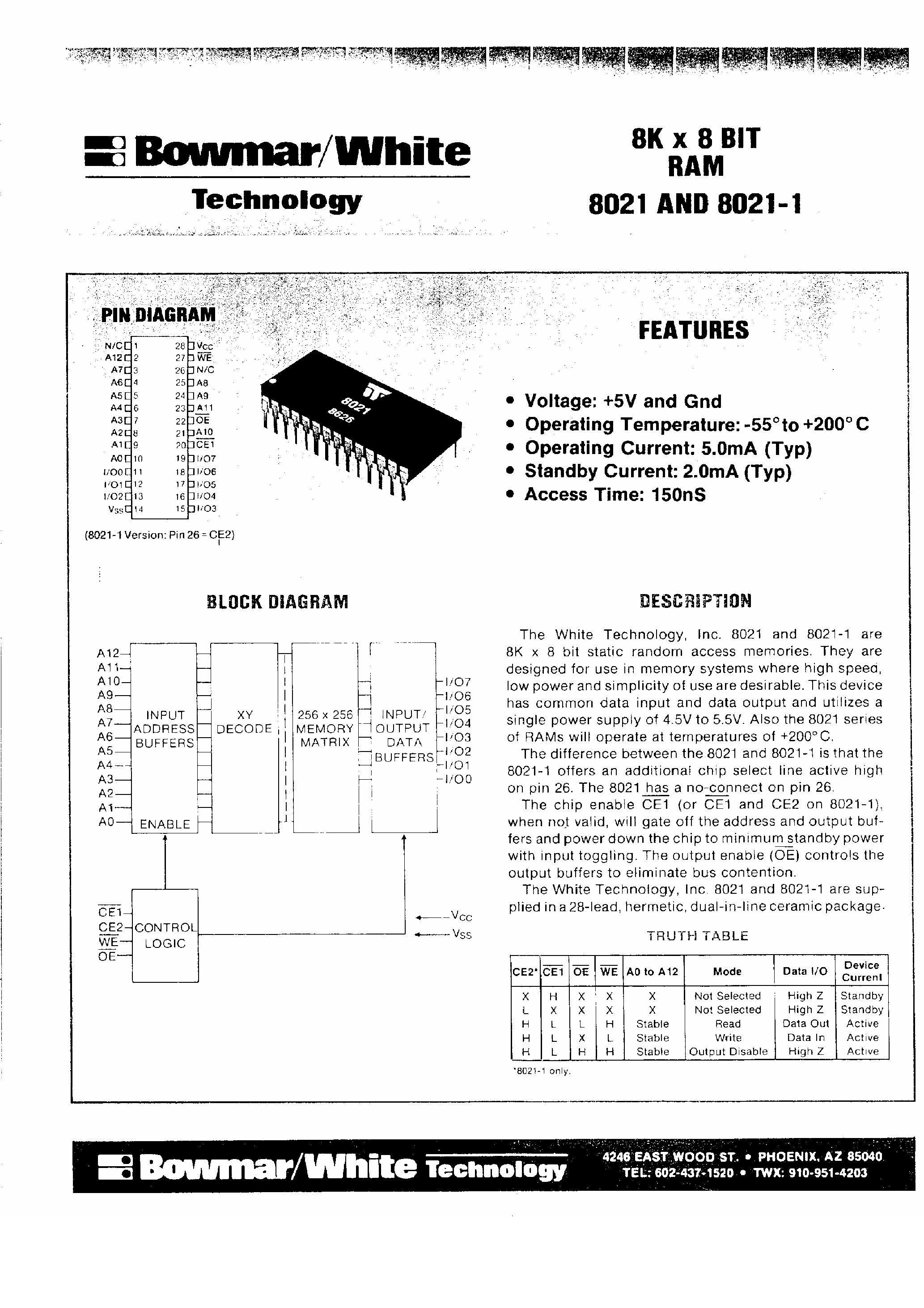 Datasheet 8021 - 8K x 8 Bit RAM page 1