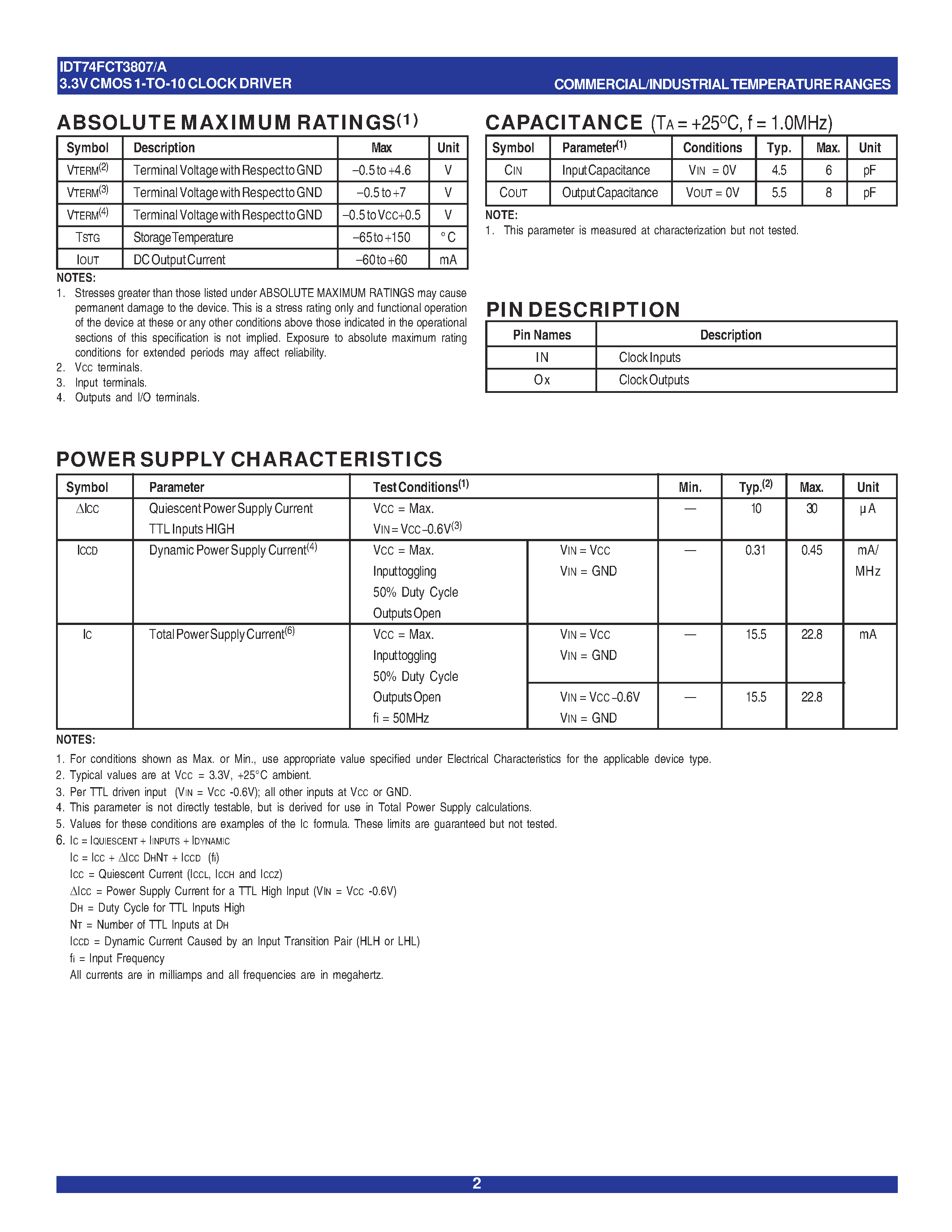 Datasheet IDT74FCT3807A - 3.3V CMOS 1-TO-10 CLOCK DRIVER page 2