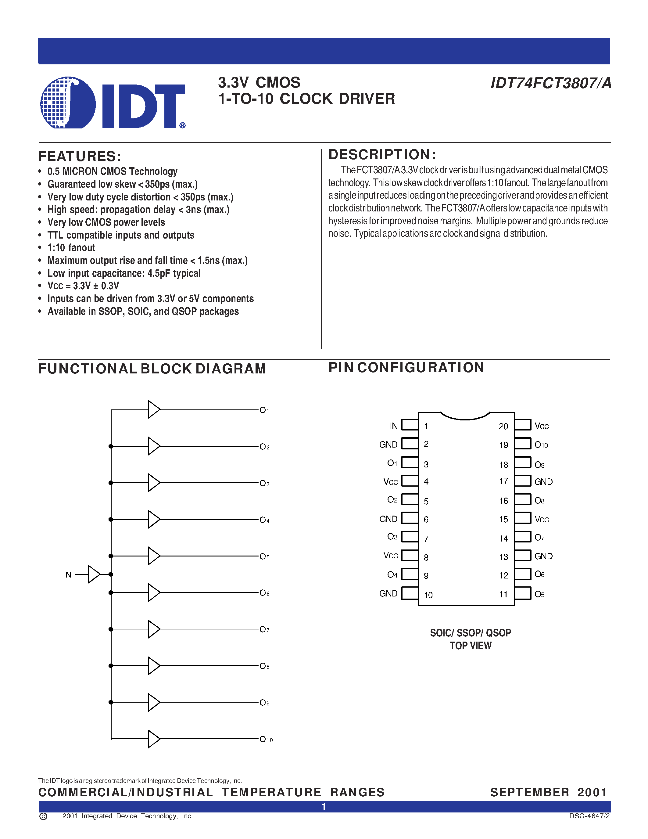 Datasheet IDT74FCT3807ASO - 3.3V CMOS 1-TO-10 CLOCK DRIVER page 1