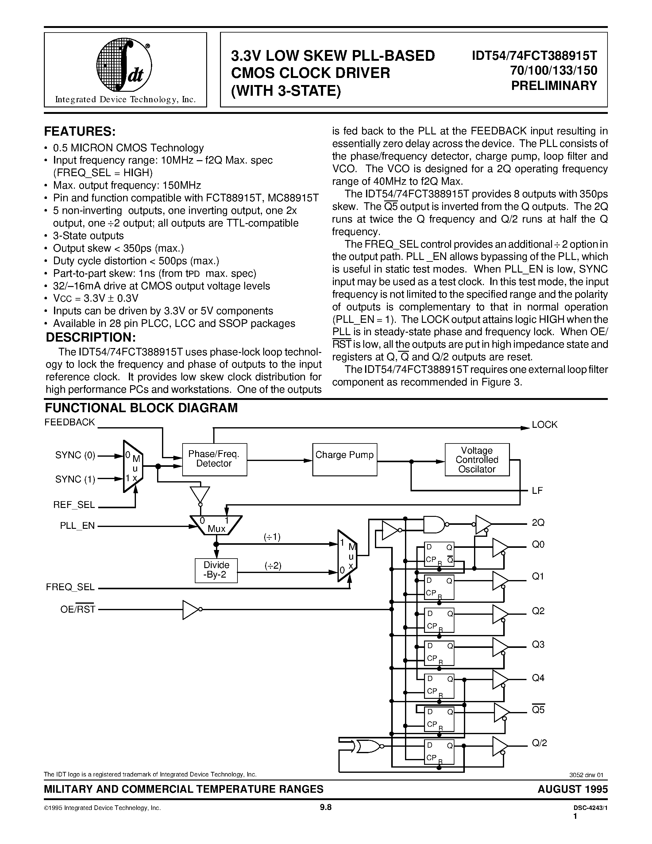 Datasheet IDT74FCT388915T100LB - 3.3V LOW SKEW PLL-BASED CMOS CLOCK DRIVER WITH (3-STATE) page 1
