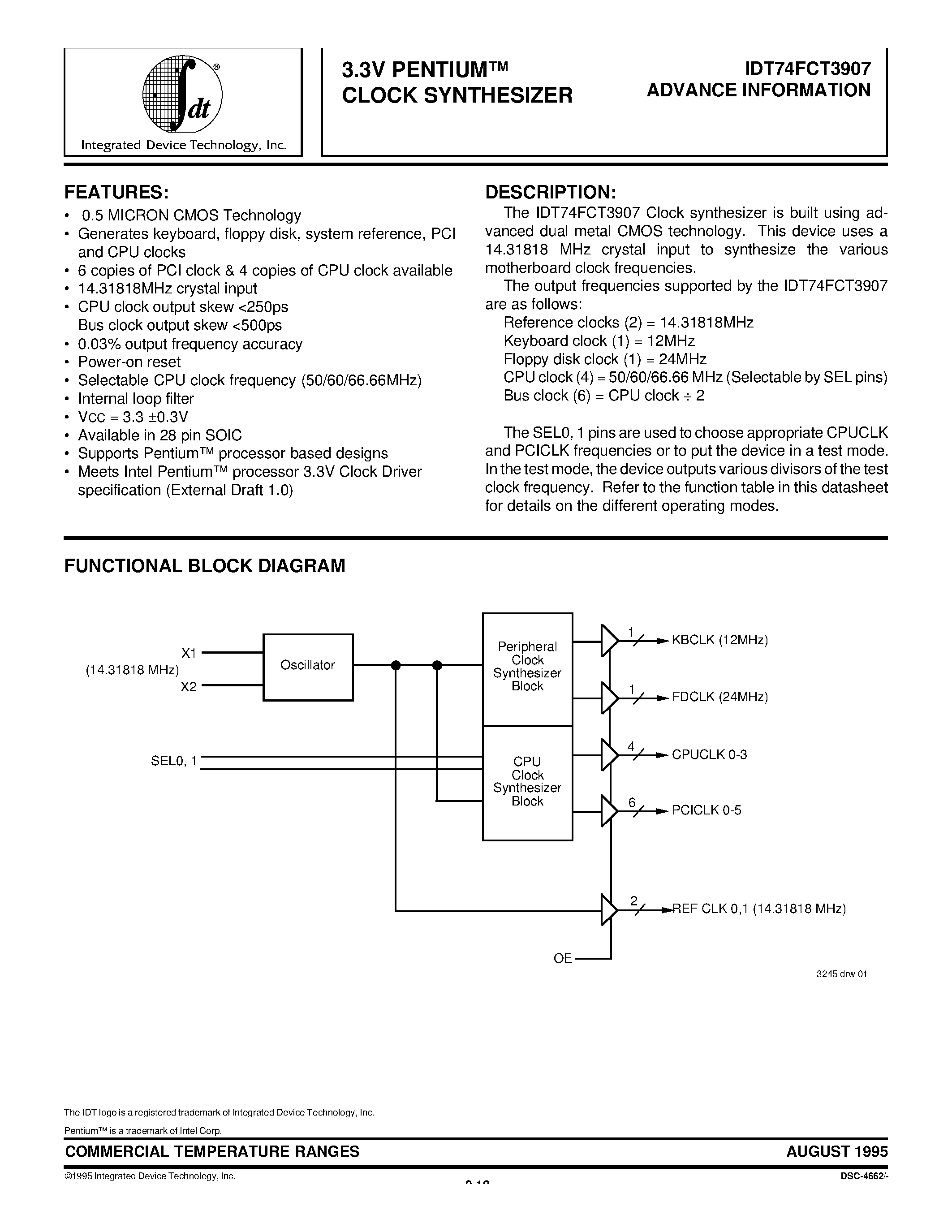 Datasheet IDT74FCT3907SO - 3.3V PENTIUM CLOCK SYNTHESIZER page 1
