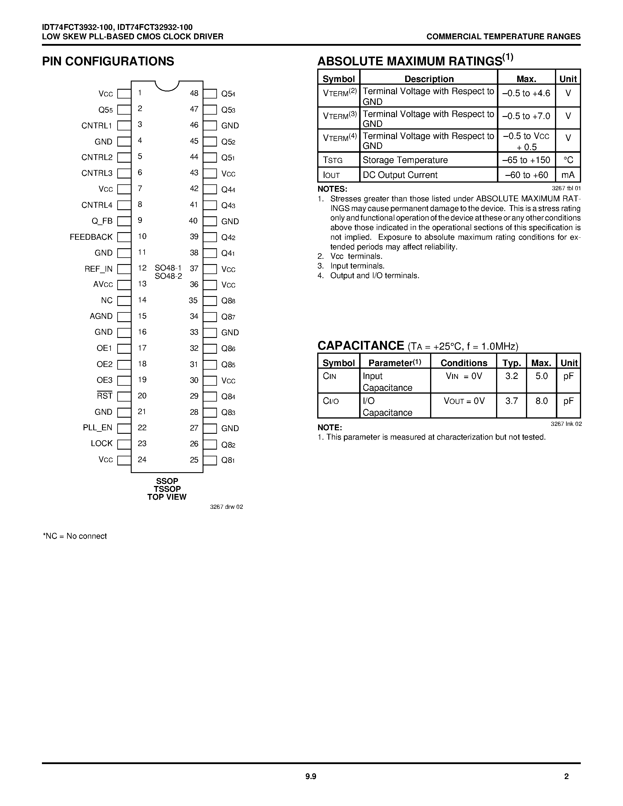 Datasheet IDT74FCT3932-100PA - 3.3V LOW SKEW PLL-BASED CMOS CLOCK DRIVER page 2