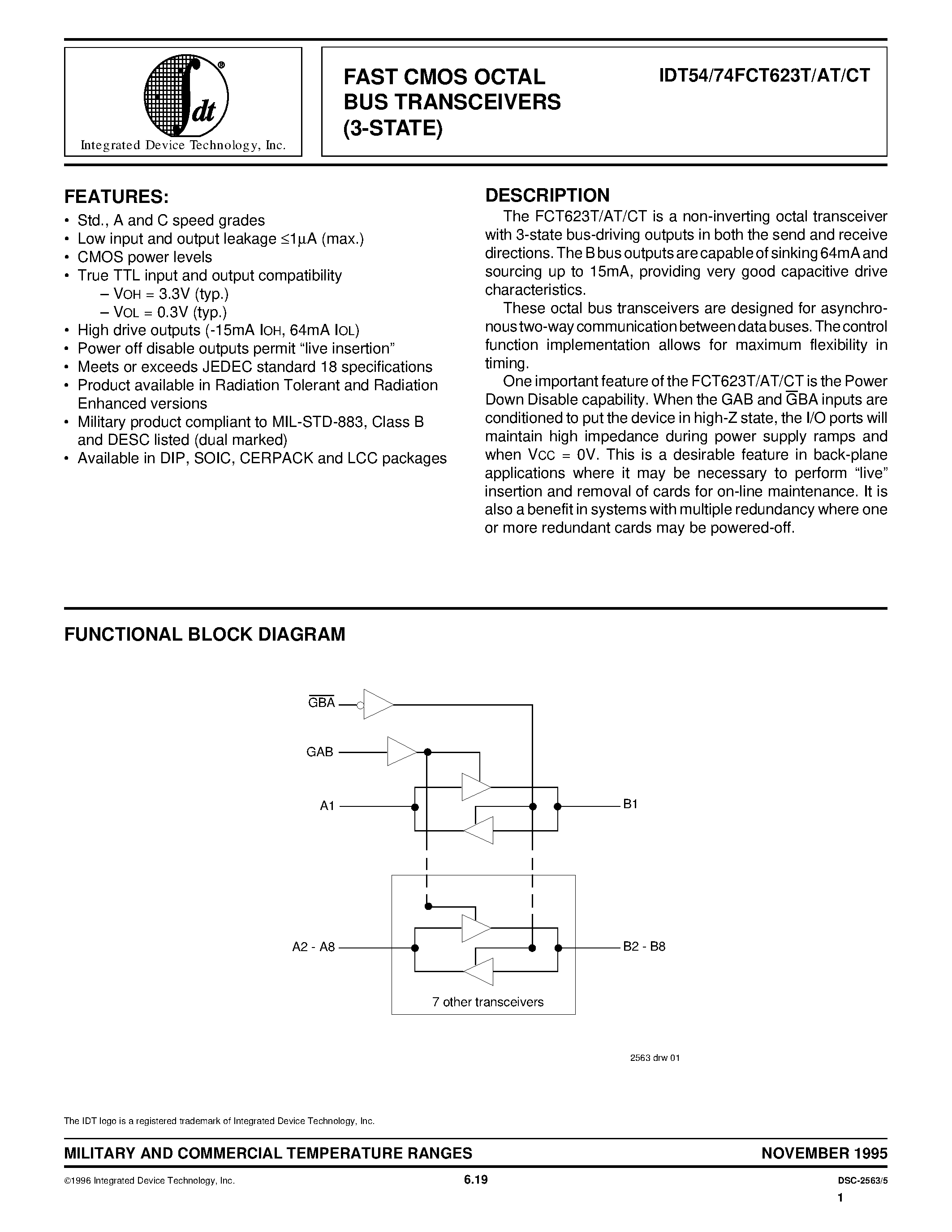 Datasheet IDT74FCT623TDB - FAST CMOS OCTAL BUS TRANSCEIVERS (3-STATE) page 1