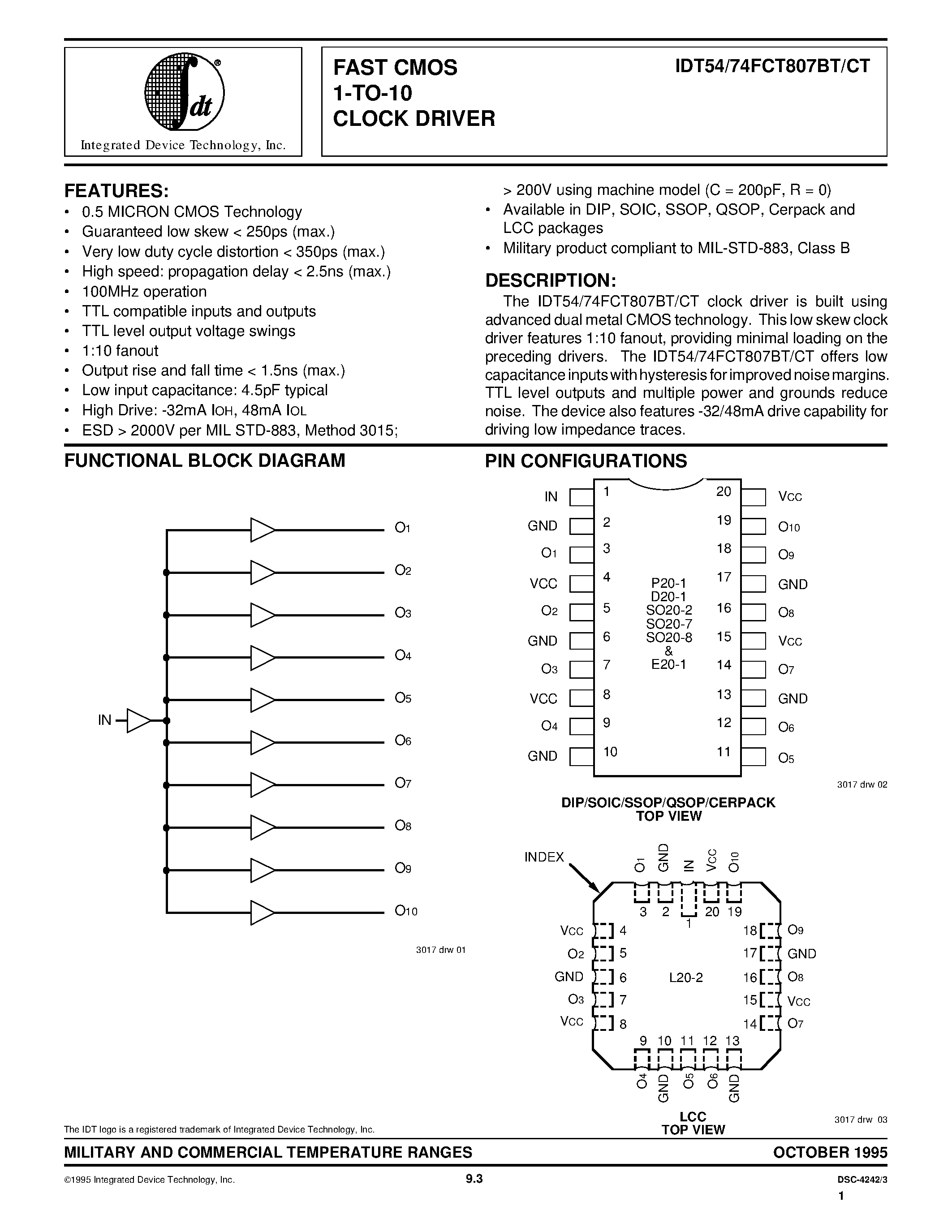 Даташит на микросхему IDT74FCT807 страница 1 Даташит IDT74FCT807 - FAST CMOS 1-TO-10 CLOCK DRIVER страница 1