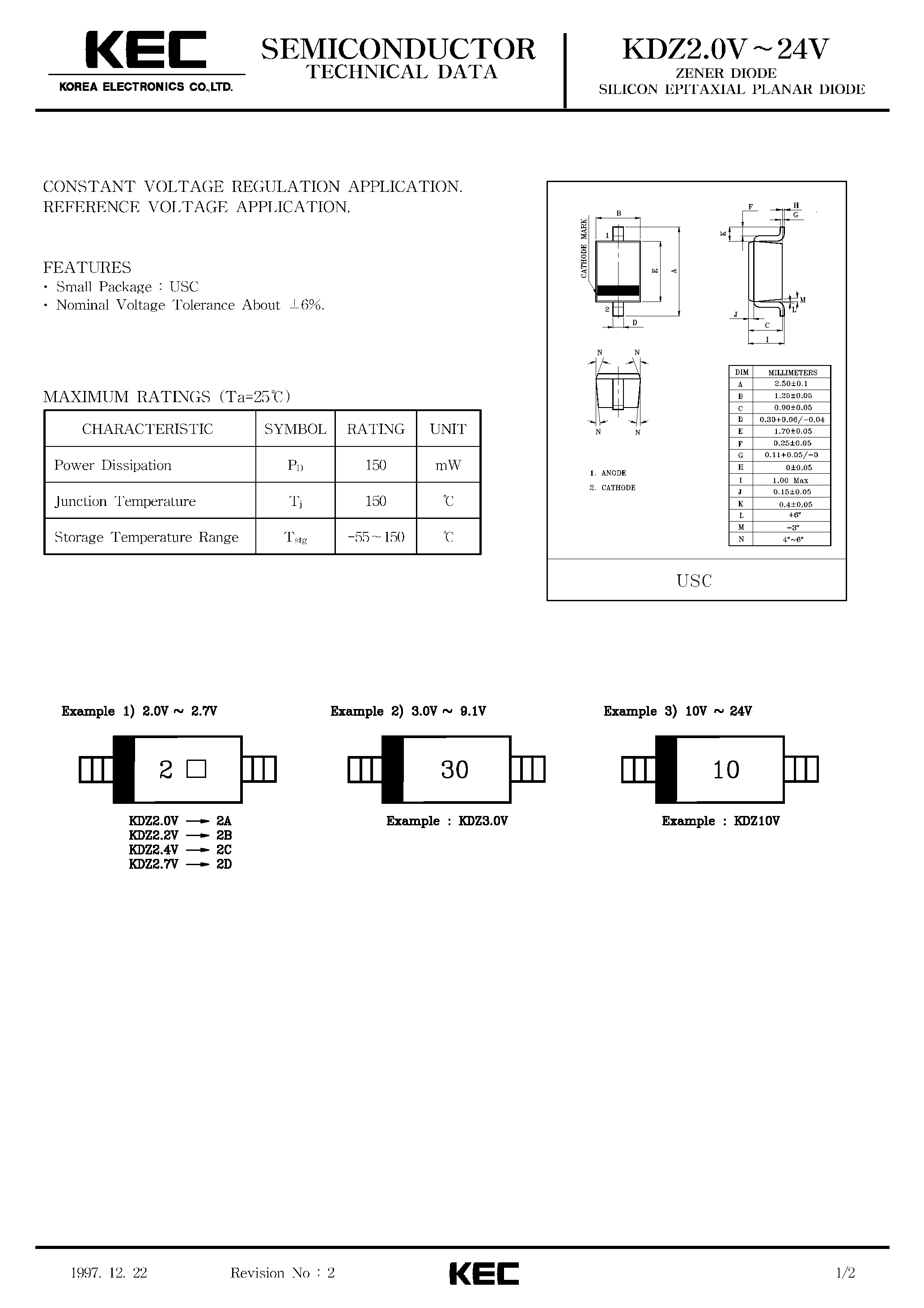 Datasheet KDZ24V - ZENER DIODE SILICON EPITAXIAL PLANAR DIODE(CONSTANT VOLTAGE REGULATION/ REFERENCE VOLTAGE) page 1
