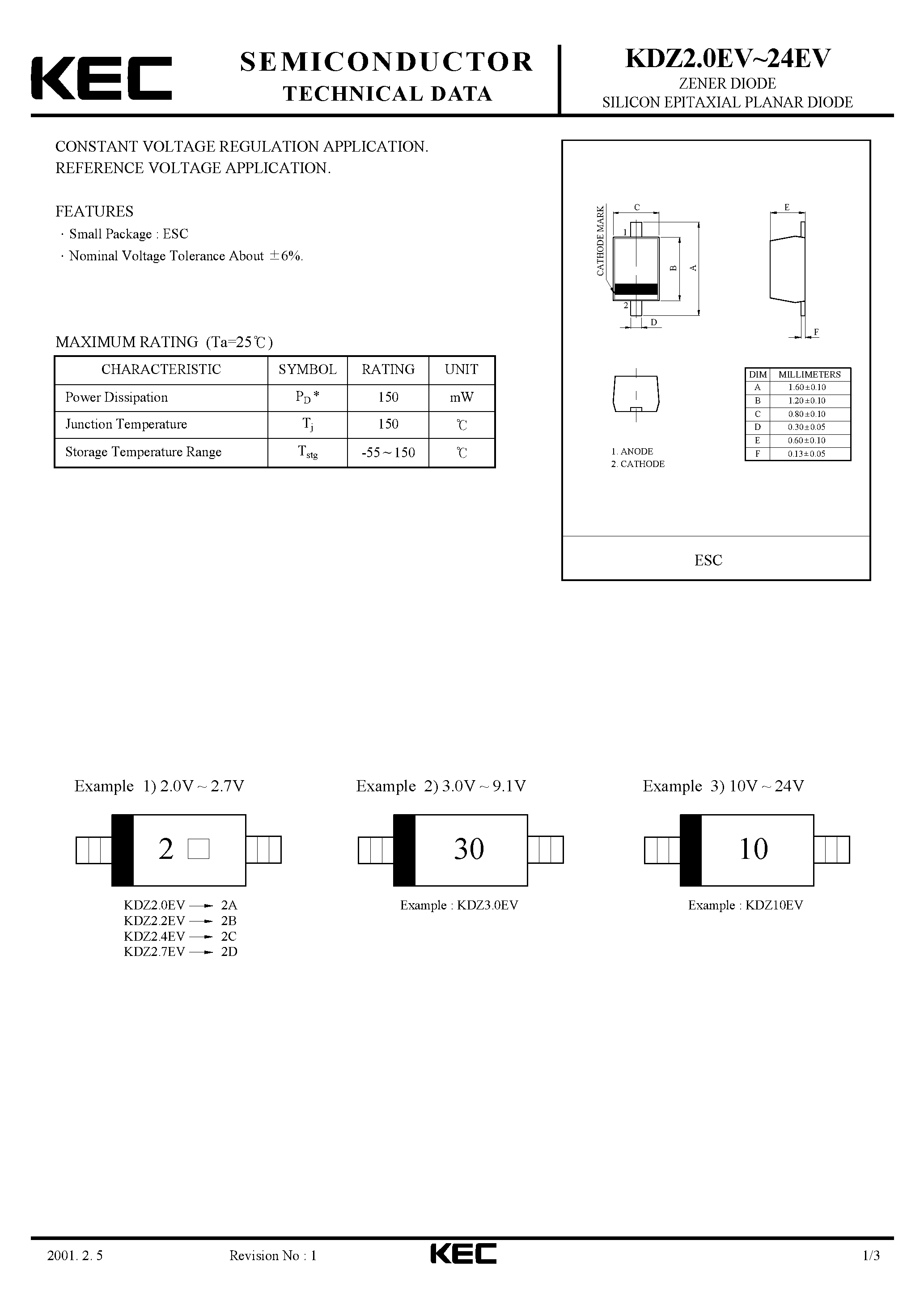 Datasheet KDZ5.6EV - ZENER DIODE SILICON EPITAXIAL PLANAR DIODE(CONSTANT VOLTAGE REGULATION/ REFERENCE VOLTAGE) page 1