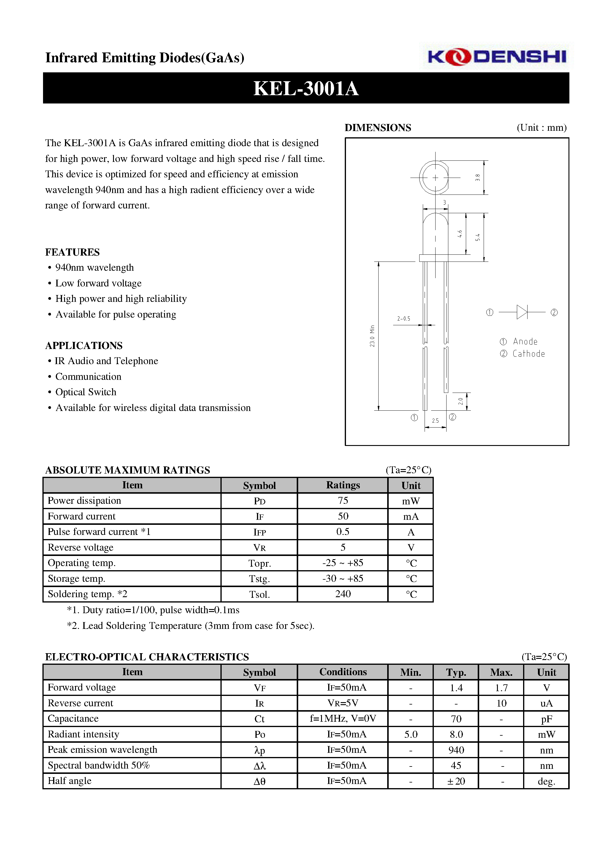 Даташит KEL-3001A - Infrared Emitting Diodes(GaAs) страница 1