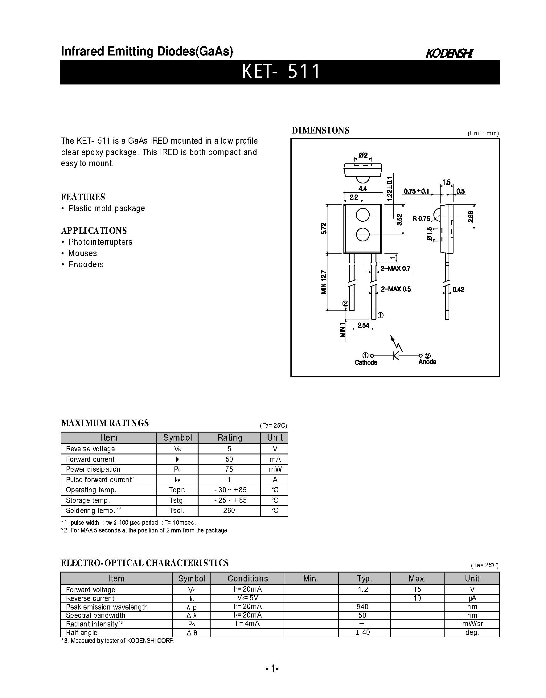 Даташит на микросхему KET-511 страница 1 Даташит KET-511 - Infrared Emitting Diodes(GaAs) страница 1