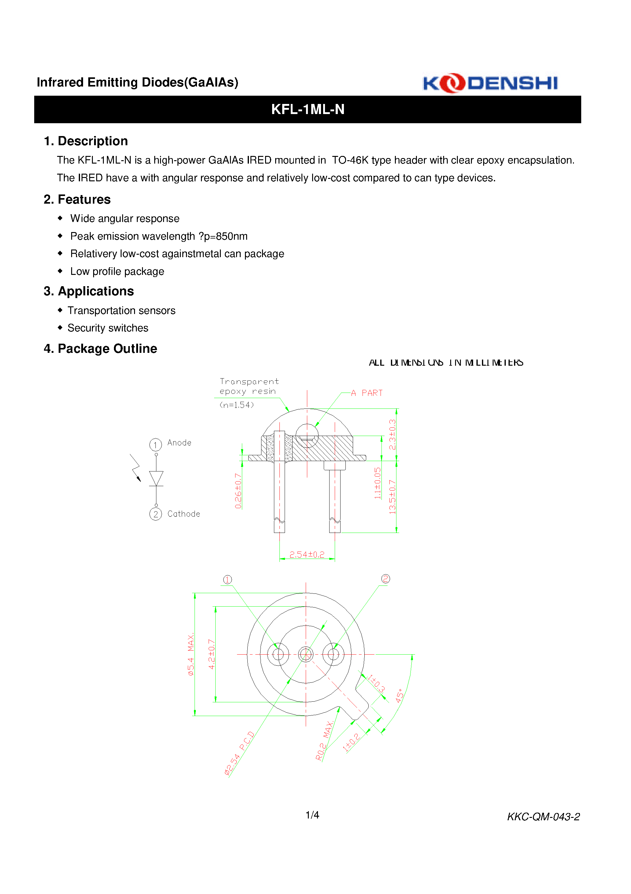 Даташит KFL-1ML-N - Infrared Emitting Diodes(GaAIAs) страница 1