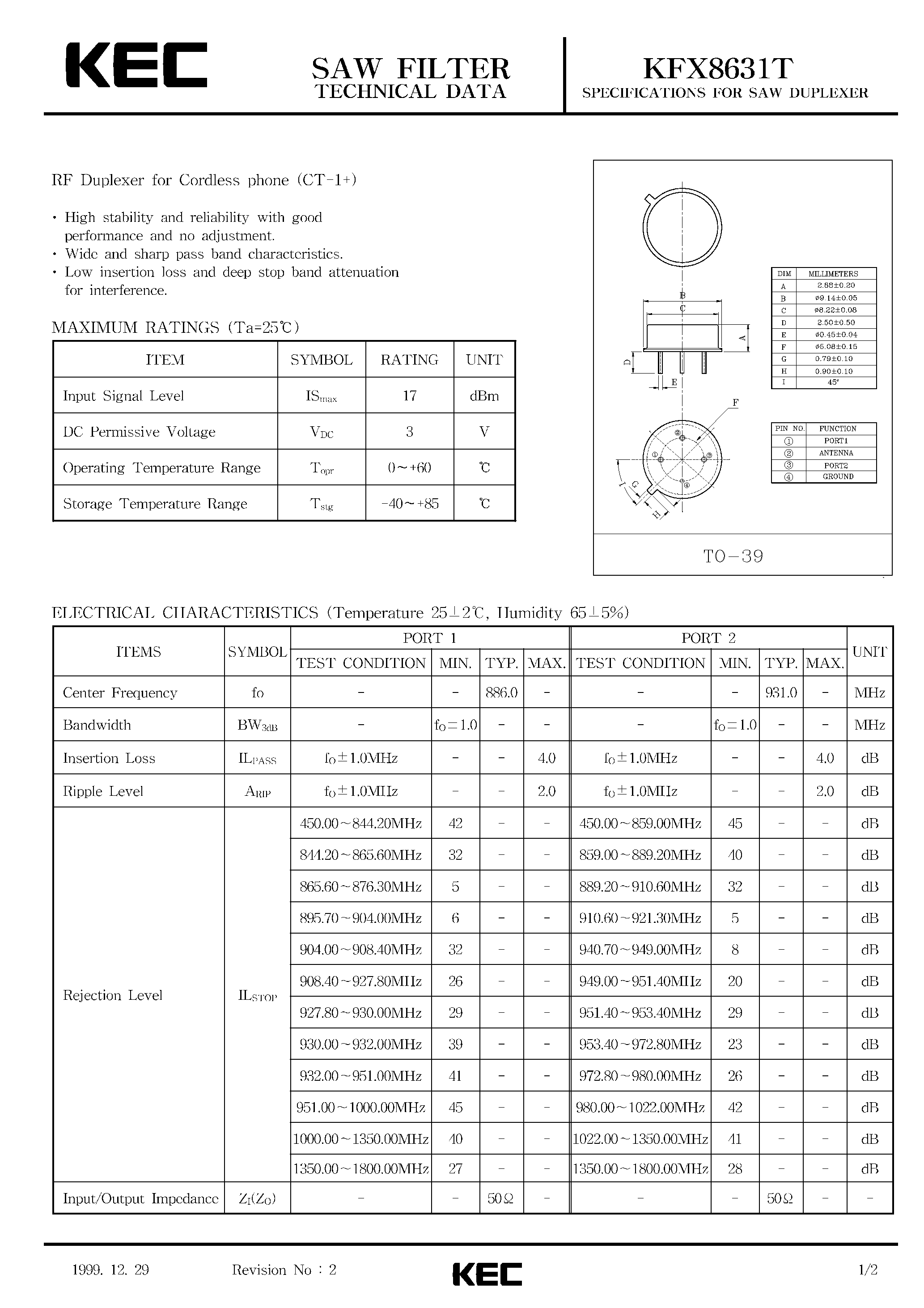 Даташит на микросхему KFX8631T страница 1 Даташит KFX8631T - SPECIFICATIONS FOR SAW DUPLEXER (RF DUPLEXER FOR CORDLESS PHONE CT-1) страница 1