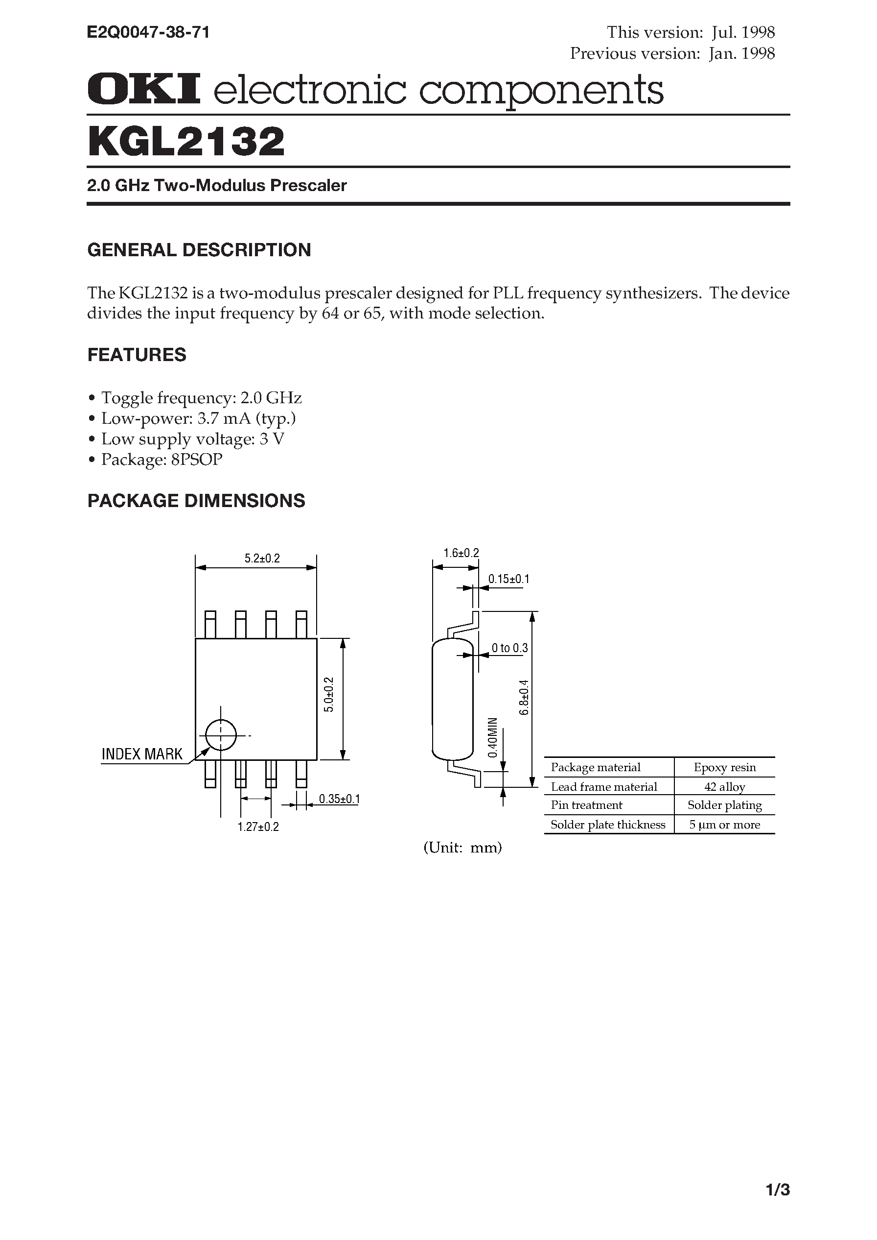 Datasheet KGL2132 - 2.0 GHz Two-Modulus Prescaler page 1