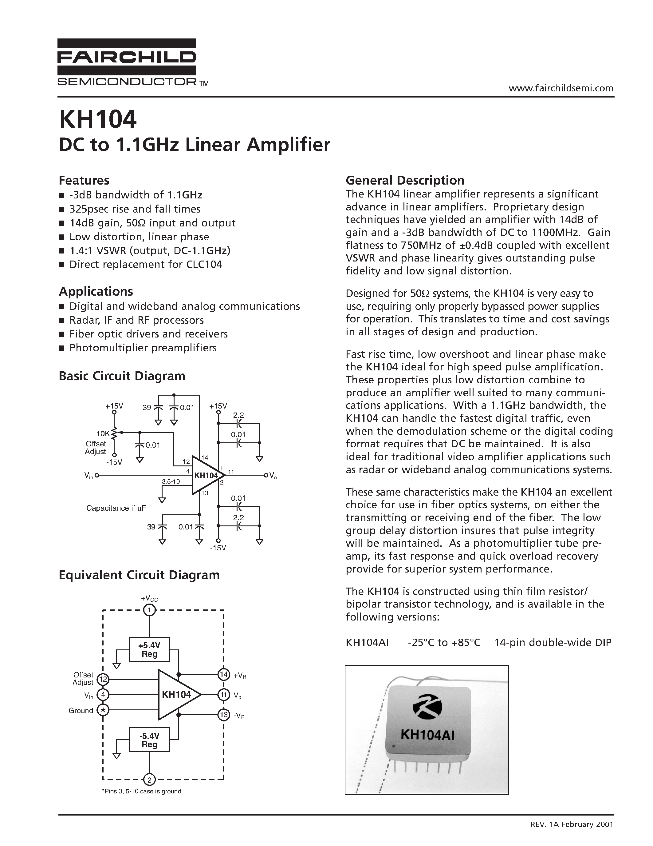 Даташит KH104 - DC to 1.1GHz Linear Amplifier страница 1