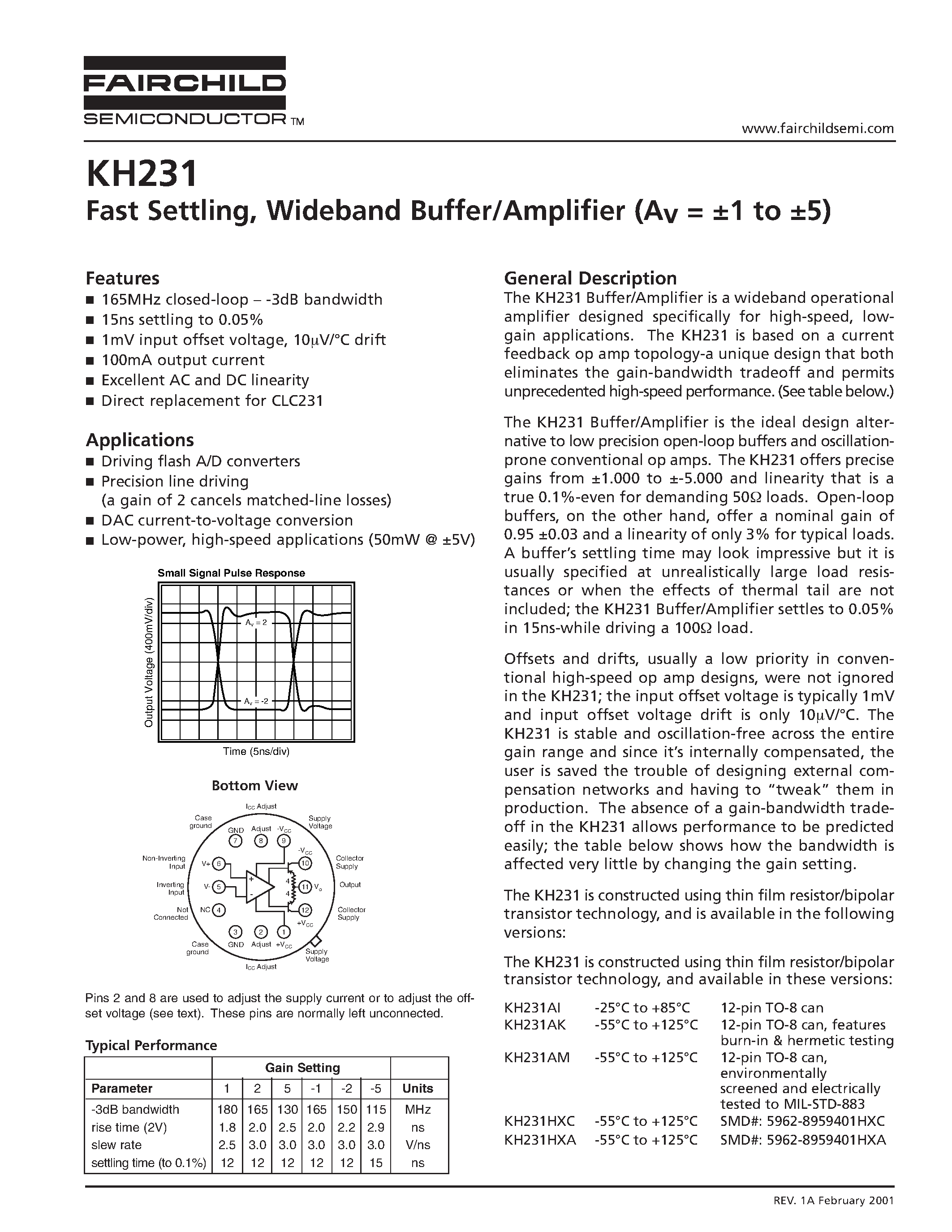 Datasheet KH231 - Fast Settling/ Wideband Buffer/Amplifier (Av = 1 to 5) page 1