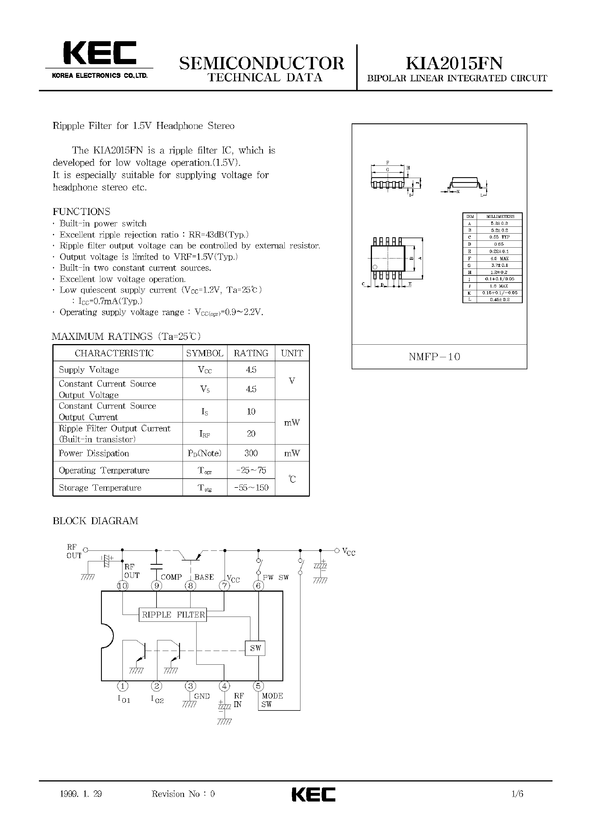 Datasheet KIA2015 page 1 Datasheet KIA2015 - BIPOLAR LINEAR INTEGRATED CIRCUIT (RIPPPLE FILTER FOR 1.5V HEADPHONE STEREO) page 1