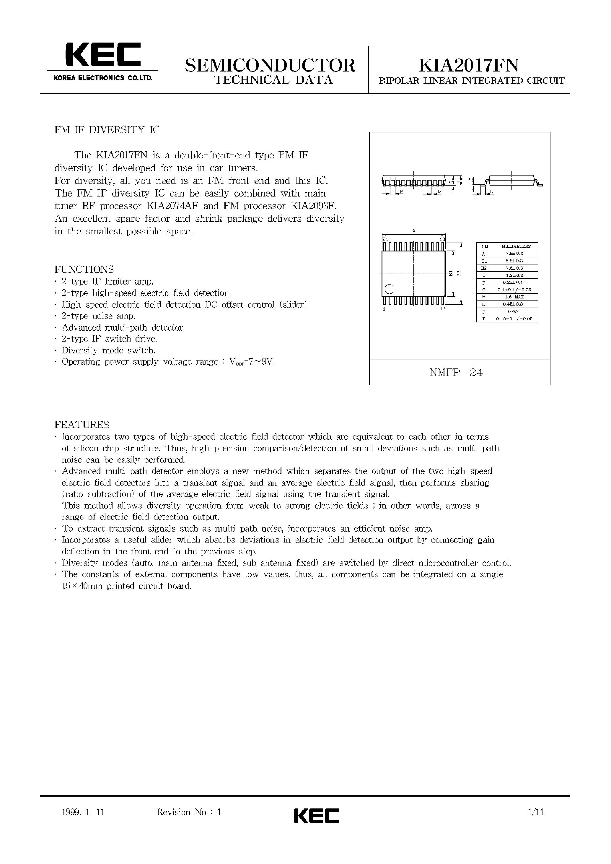 Datasheet KIA2017 page 1 Datasheet KIA2017 - BIPOLAR LINEAR INTEGRATED CIRCUIT (FM IF DIVERSITY IC) page 1