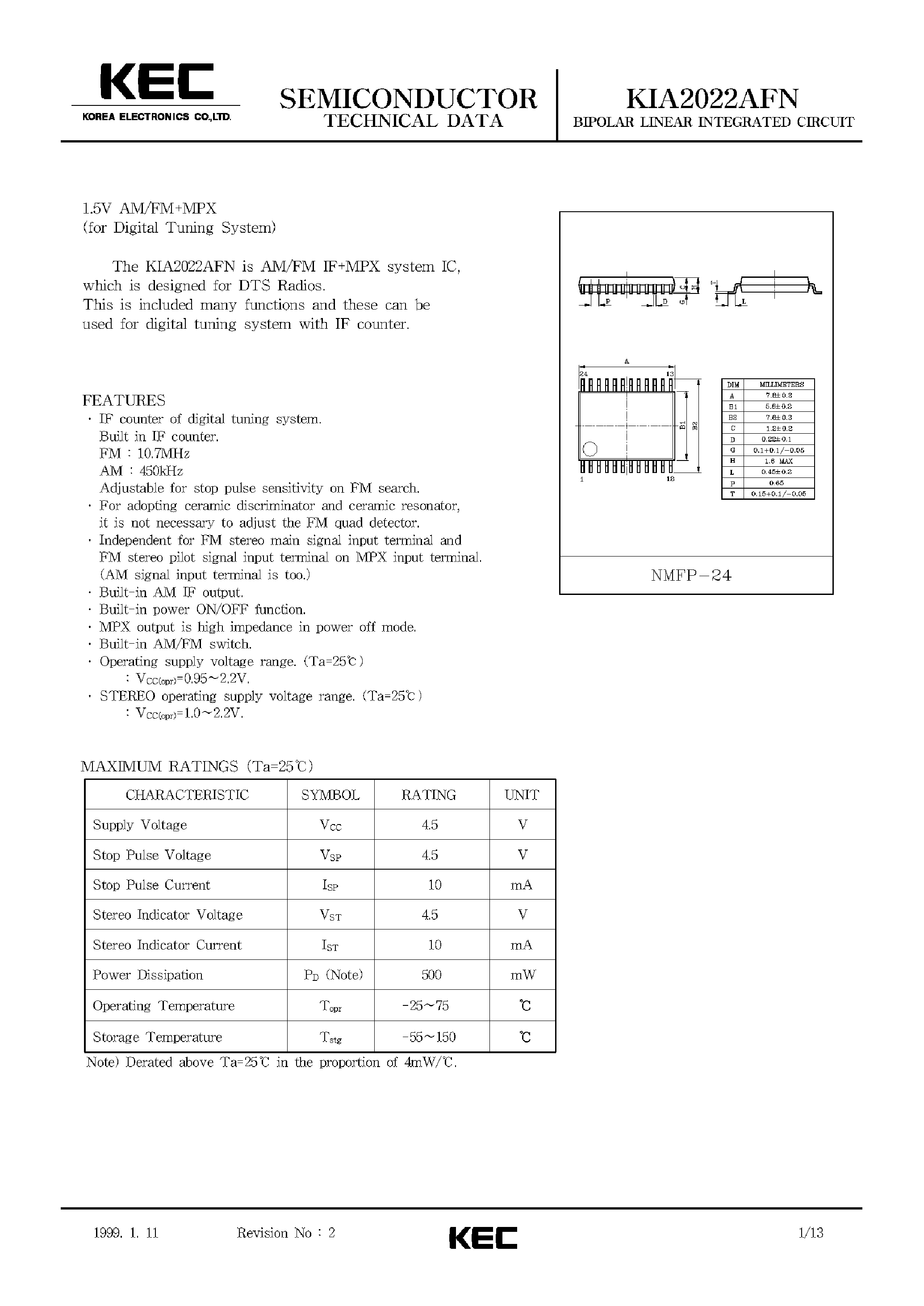 Datasheet KIA2022AFN - BIPOLAR LINEAR INTEGRATED CIRCUIT (1.5V AM/FM+MPX) page 1
