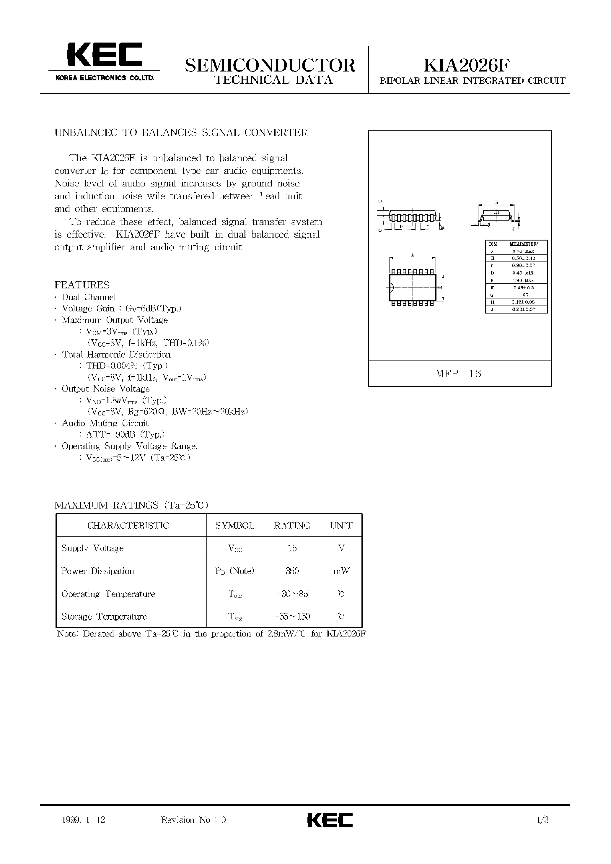 Datasheet KIA2026F - BIPOLAR LINEAR INTEGRATED CIRCUIT (UNBALNCEC TO BALANCES SIGNAL CONVERTER) page 1