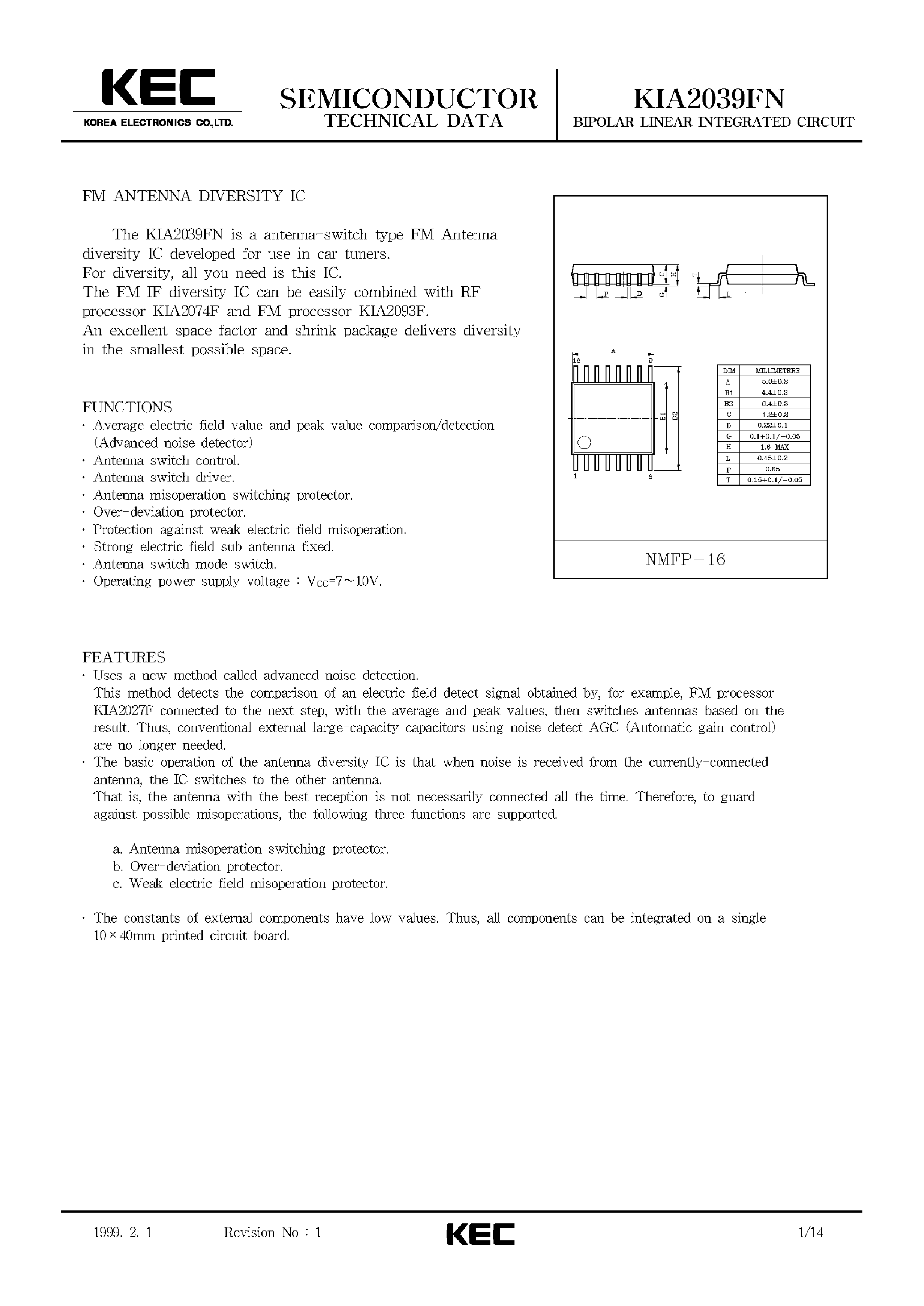 Datasheet KIA2039FN page 1 Datasheet KIA2039FN - BIPOLAR LINEAR INTEGRATED CIRCUIT (FM ANTENNA DIVERSITY IC) page 1