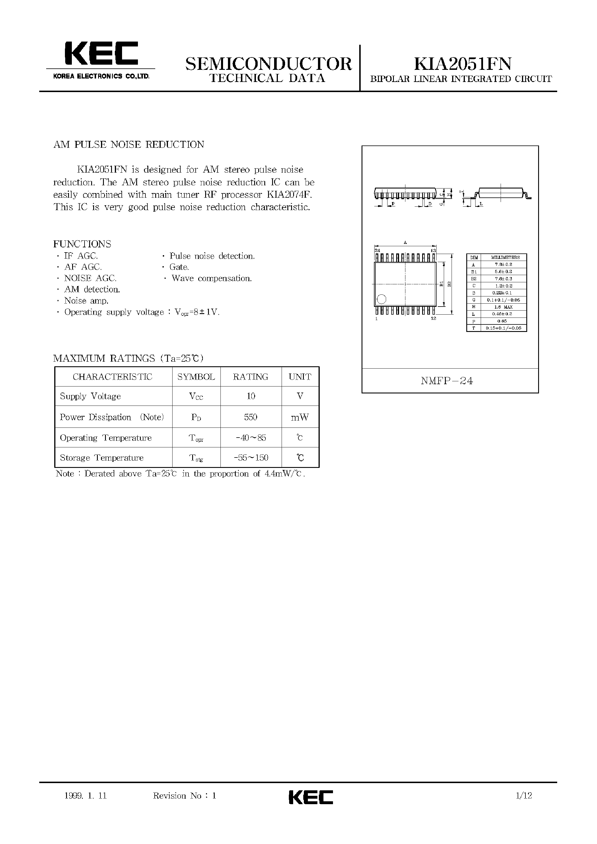 Datasheet KIA2051FN - BIPOLAR LINEAR INTEGRATED CIRCUIT (AM PULSE NOISE REDUCTION) page 1