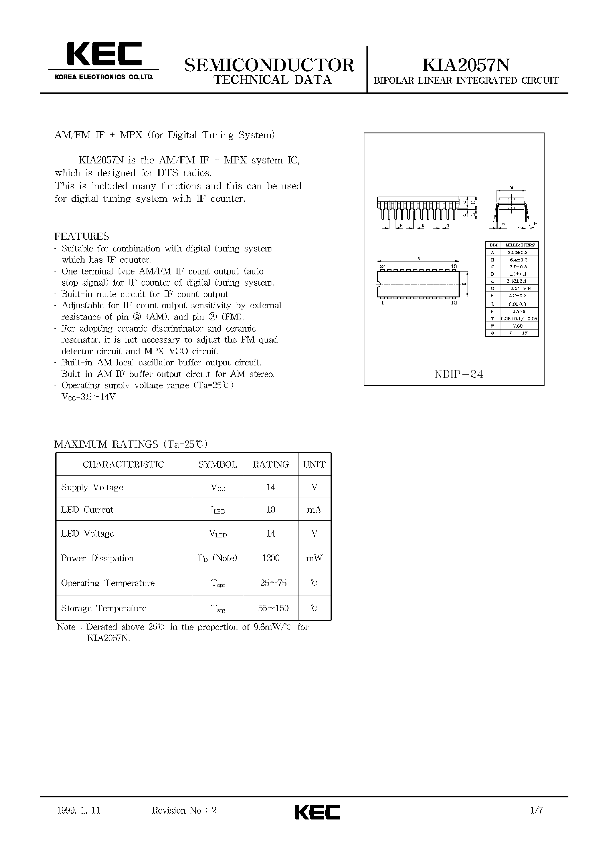 Datasheet KIA2057N - BIPOLAR LINEAR INTEGRATED CIRCUIT (AM/FM+ IF + MPX FOR DIGITAL TUNING SYSTEM) page 1