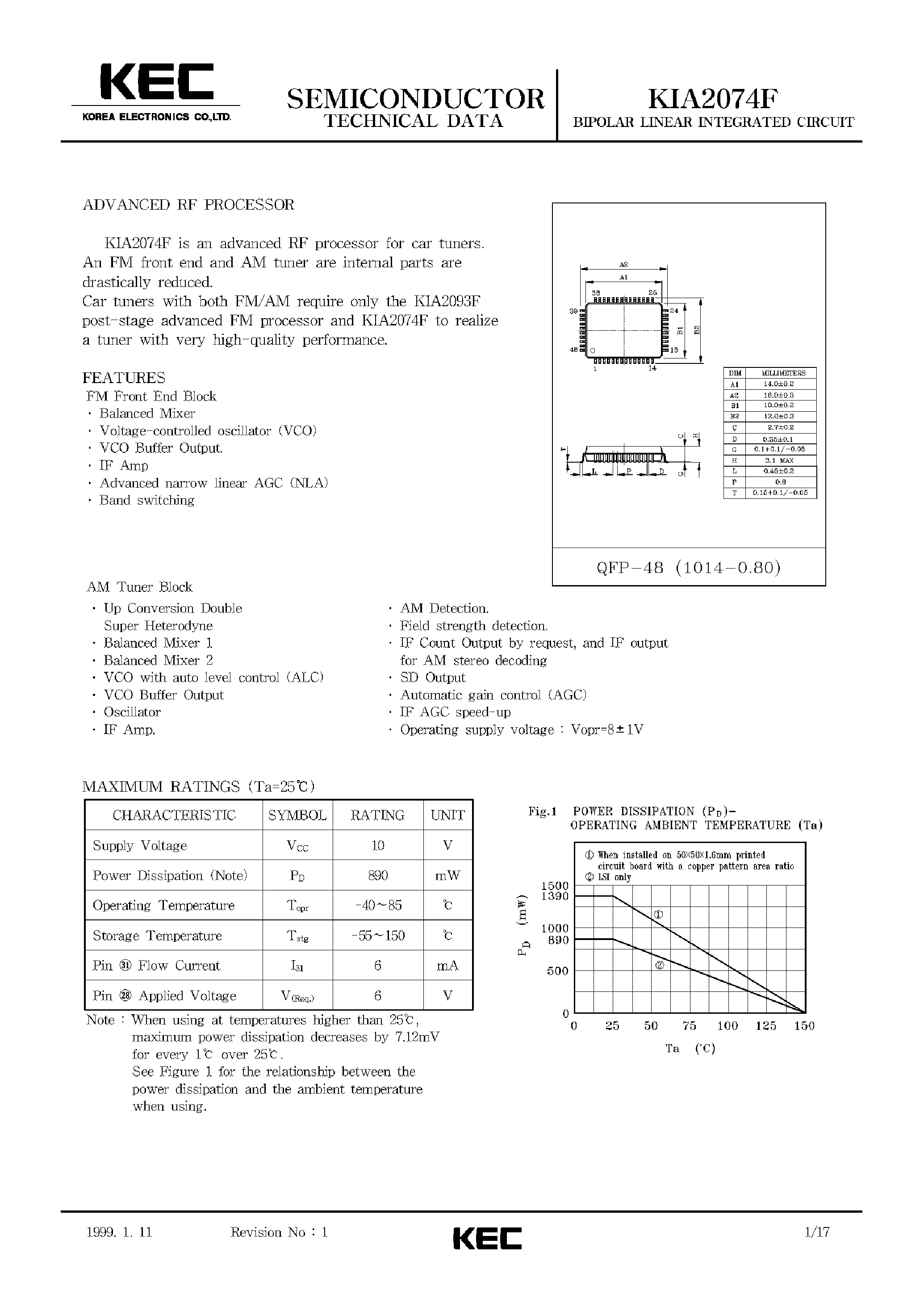 Datasheet KIA2074F page 1 Datasheet KIA2074F - BIPOLAR LINEAR INTEGRATED CIRCUIT (ADVANCED RF PROCESSOR) page 1