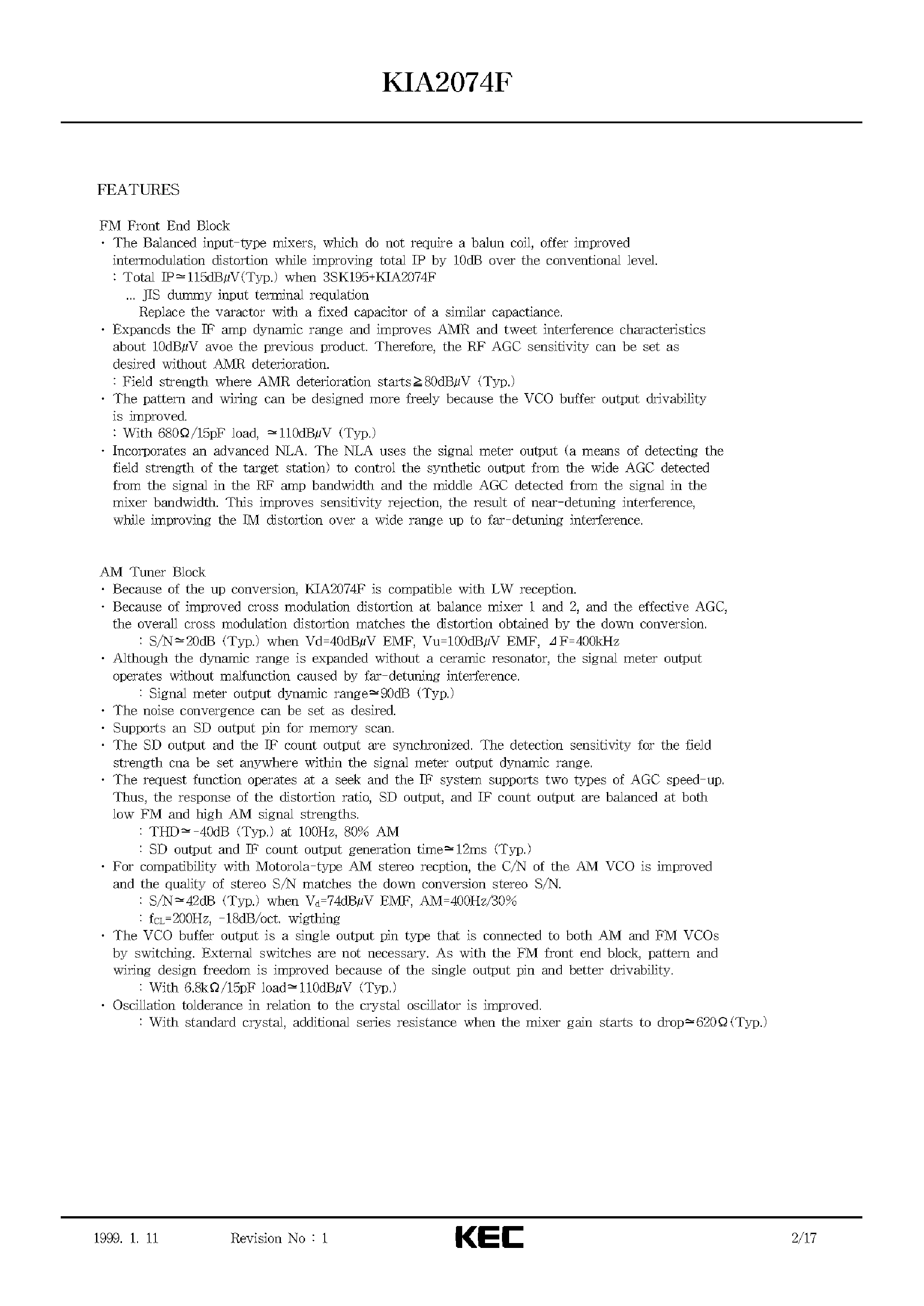 Datasheet KIA2074F page 2 Datasheet KIA2074F - BIPOLAR LINEAR INTEGRATED CIRCUIT (ADVANCED RF PROCESSOR) page 2