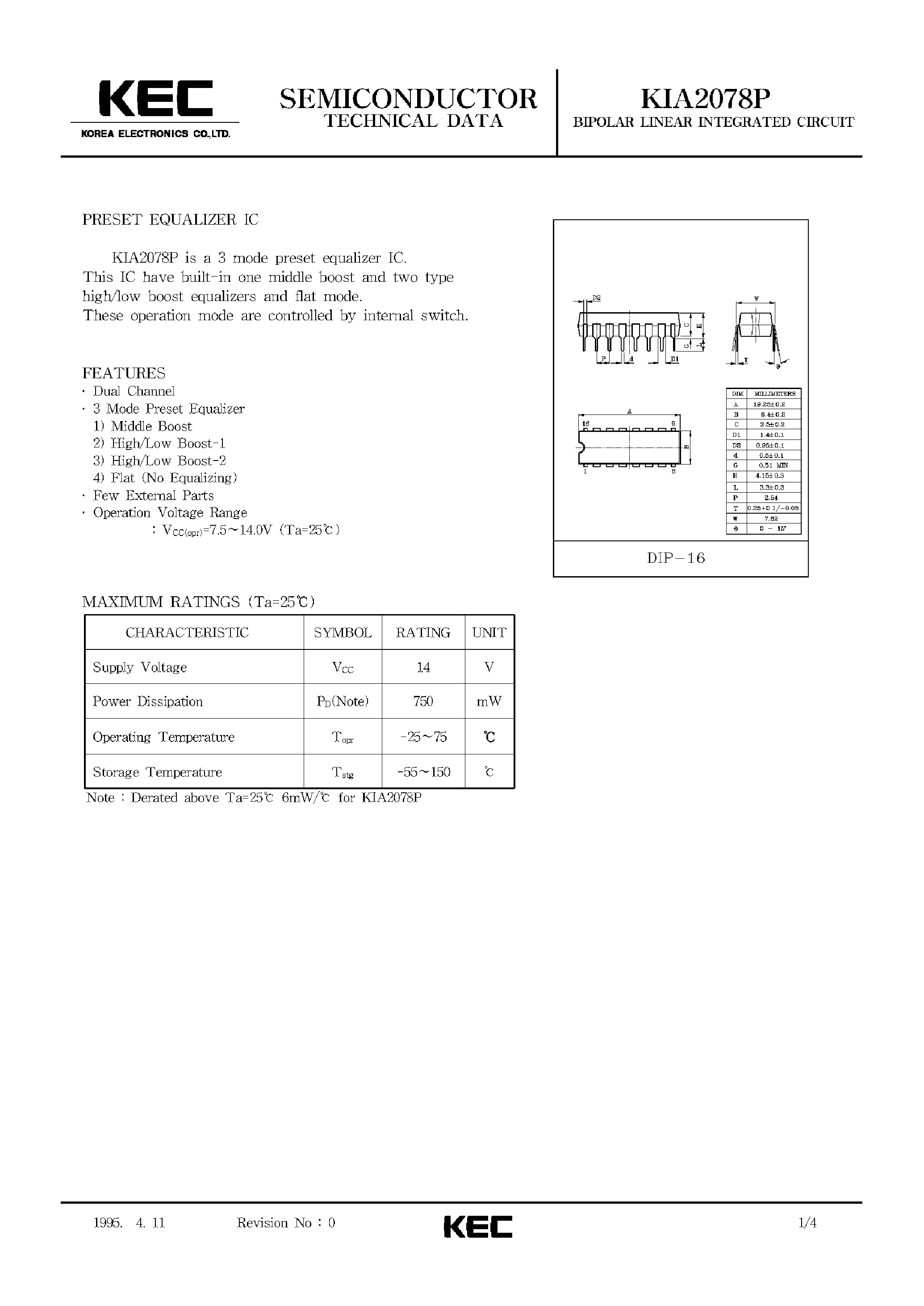 Datasheet KIA2078 - BIPOLAR LINEAR INTEGRATED CIRCUIT (PRESET EZUALIZER IC) page 1