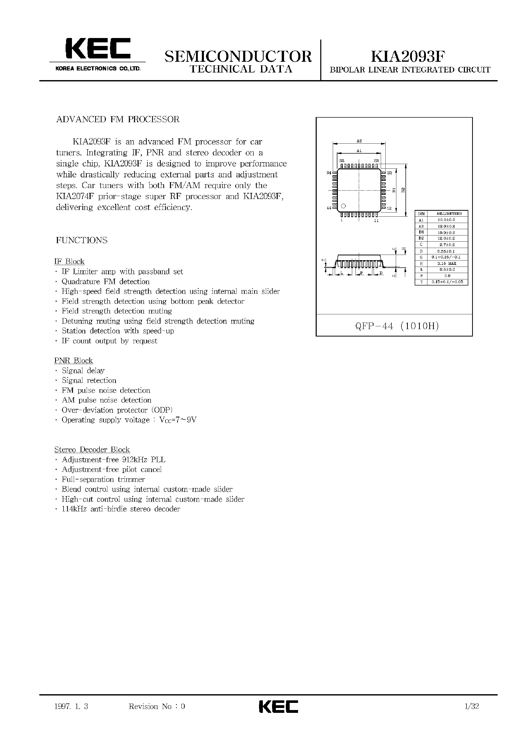 Datasheet KIA2093F - BIPOLAR LINEAR INTEGRATED CIRCUIT (ADVANCED RF PROCESSOR) page 1