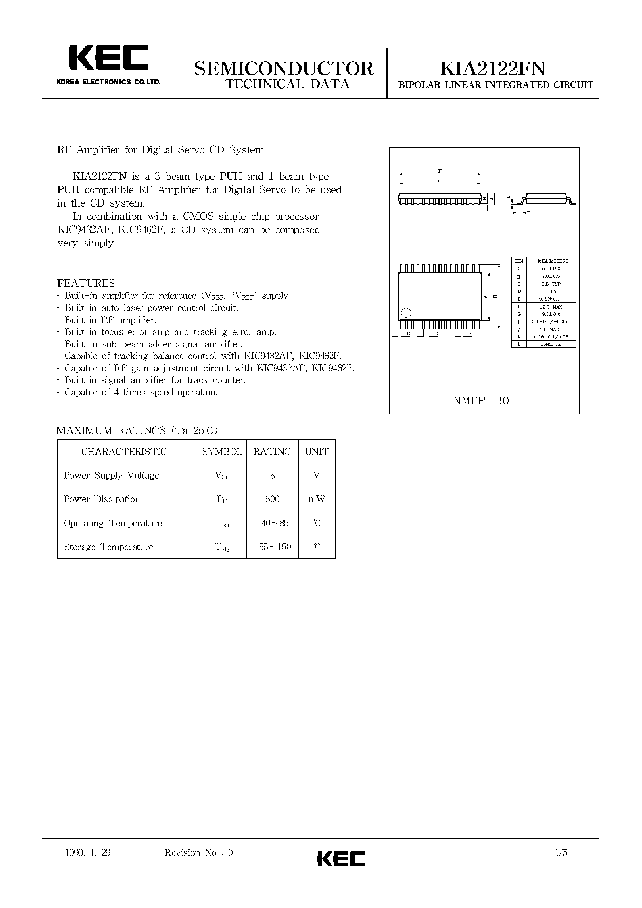 Datasheet KIA2122FN - BIPOLAR LINEAR INTEGRATED CIRCUIT (RF AMPLIFIER FOR DIGITAL SERVO CD SYSTEM) page 1