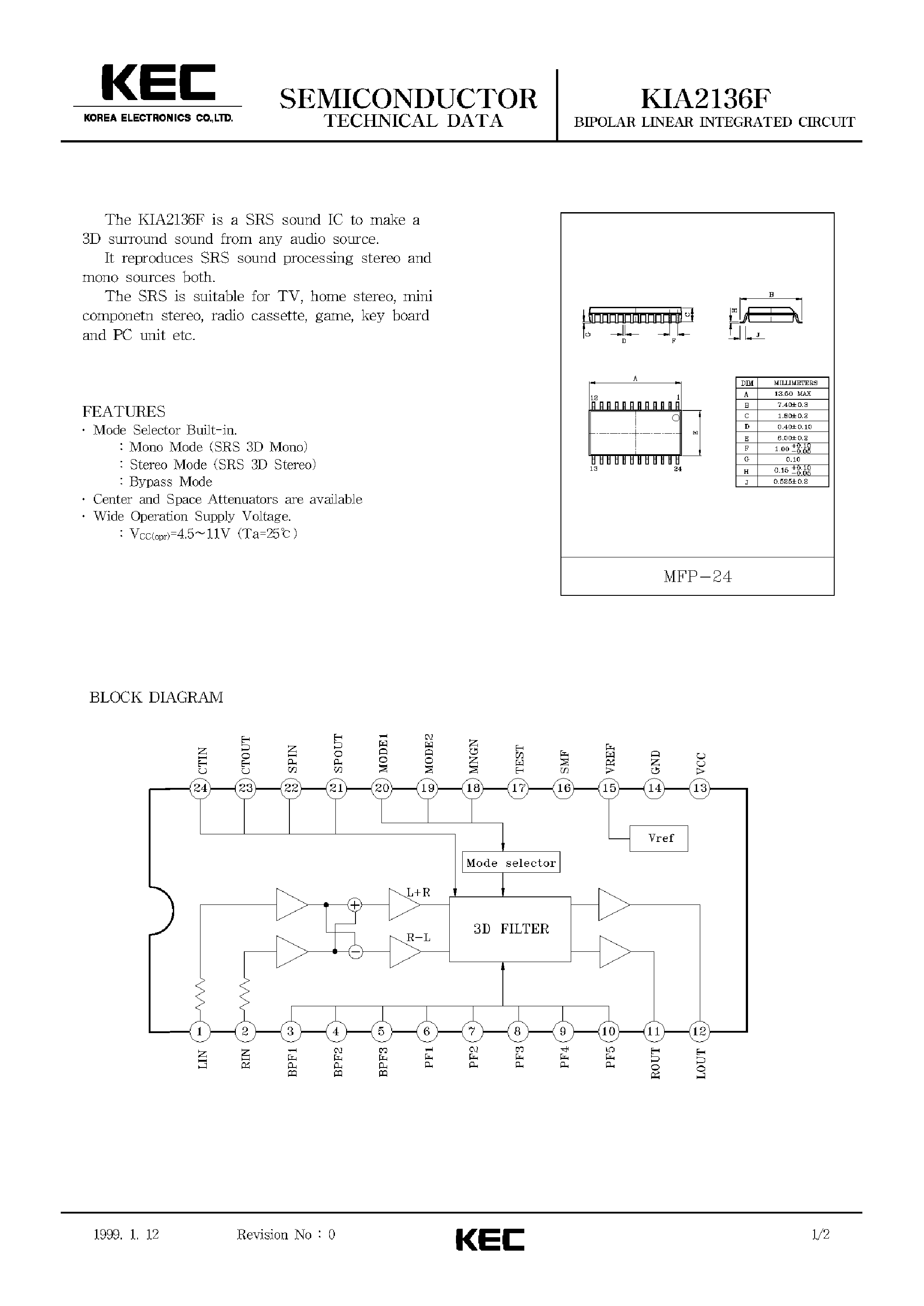 Datasheet KIA2136 - BIPOLAR LINEAR INTEGRATED CIRCUIT page 1
