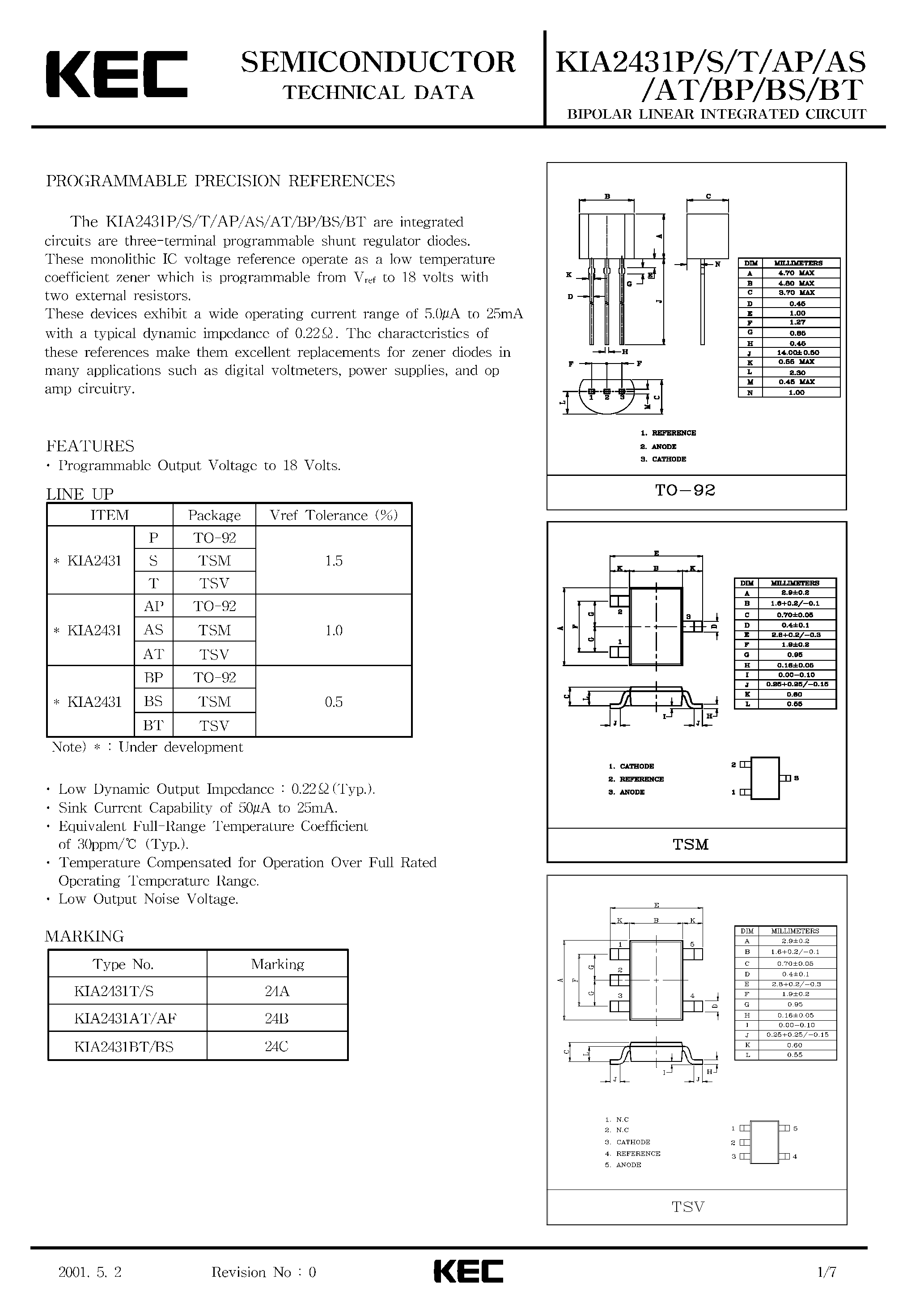 Datasheet KIA2431 - BIPOLAR LINEAR INTEGRATED CIRCUIT (PROGRAMMABLE PRECISION REFERENCES) page 1
