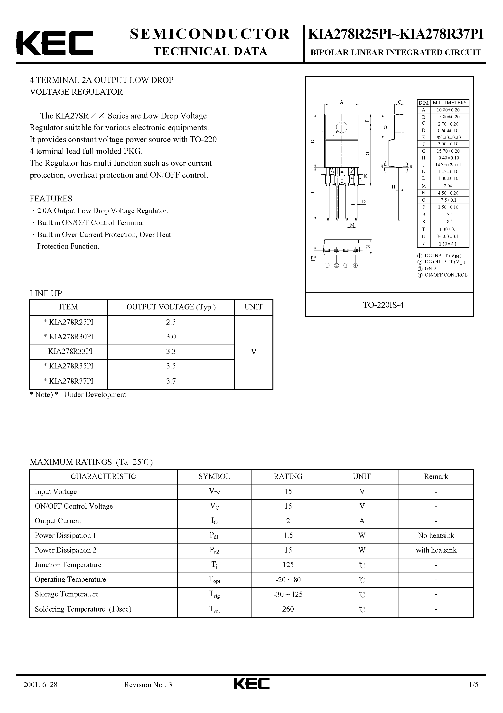 Даташит KIA278BR35PI - BIPOLAR LINEAR INTEGRATED CIRCUIT (4 TERMINAL 2A OUTPUT LOW DROP VOLTAGE REGULATOR) страница 1