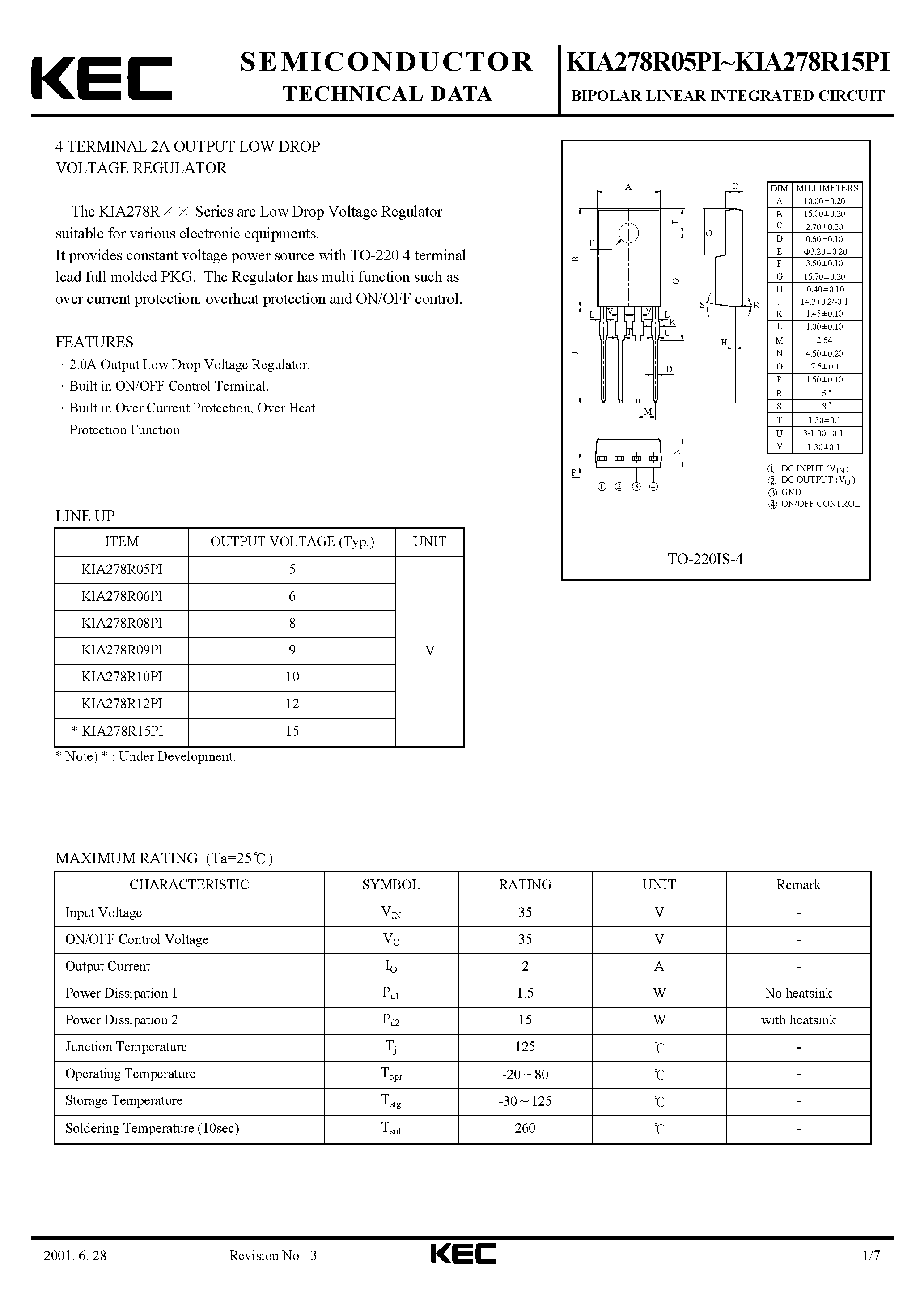Datasheet KIA278R05PI - BIPOLAR LINEAR INTEGRATED CIRCUIT (4 TERMINAL 2A OUTPUT LOW DROP VOLTAGE REGULATOR) page 1