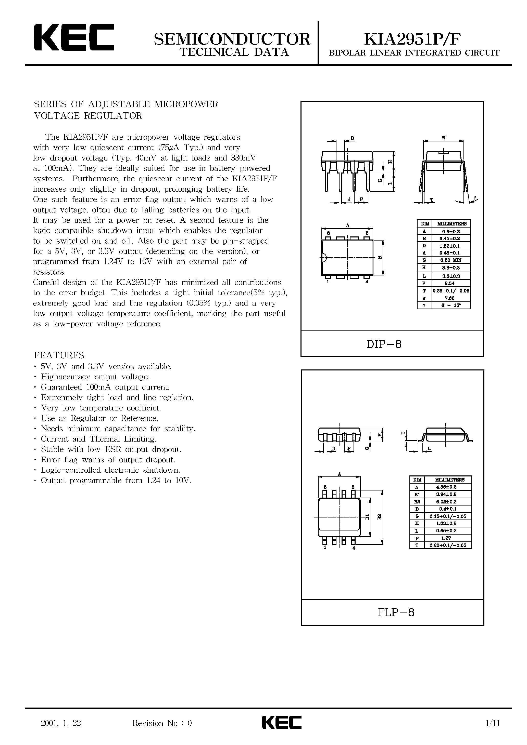 Datasheet KIA2951P - BIPOLAR LINEAR INTEGRATED CIRCUIT (SERIES OF ADJUSTABLE MICROPOWER VOLTAGE REGULATOR) page 1