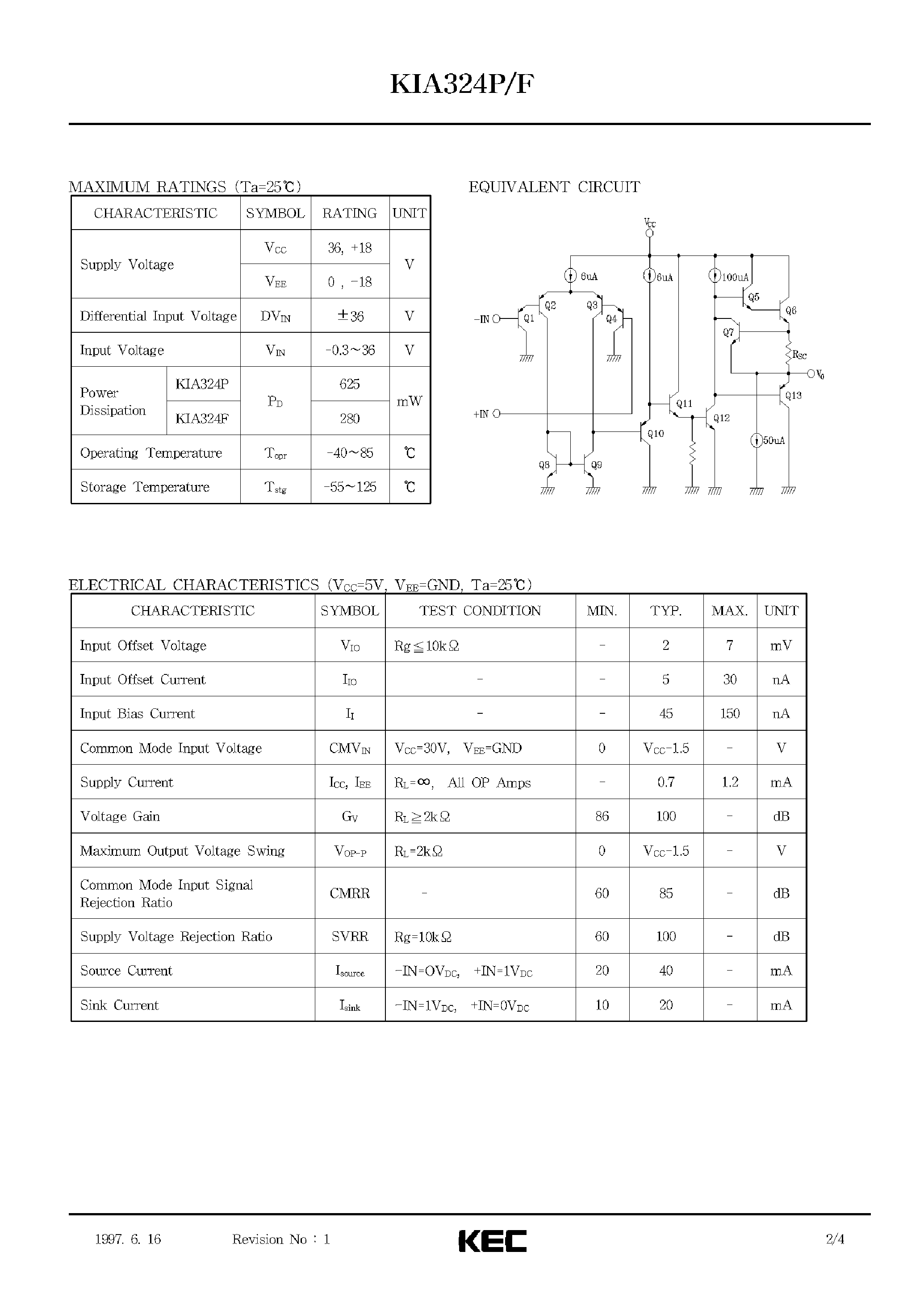 Даташит на микросхему KIA324 страница 2 Даташит KIA324 - BIPOLAR LINEAR INTEGRATED CIRCUIT (QUAD OPERATIONAL AMPLIFIER) страница 2
