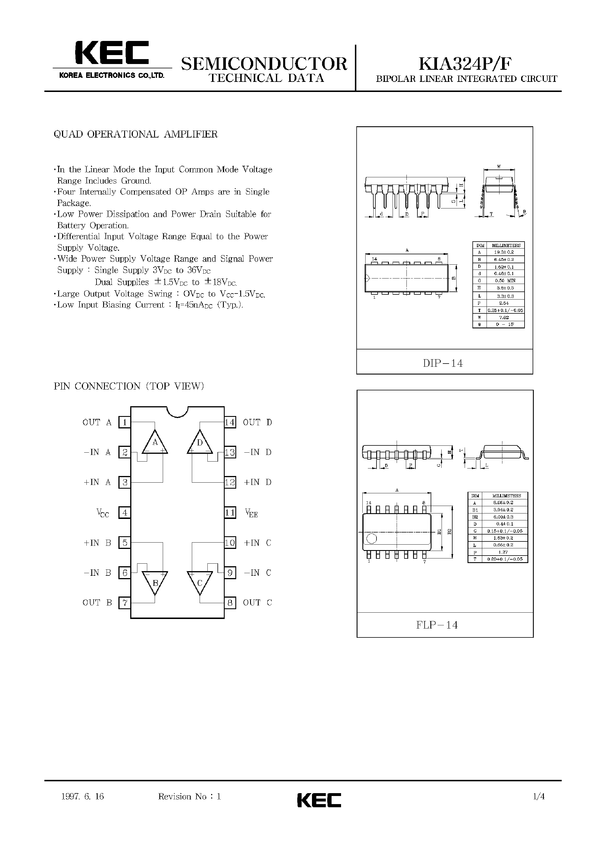 Datasheet KIA324F page 1 Datasheet KIA324F - BIPOLAR LINEAR INTEGRATED CIRCUIT (QUAD OPERATIONAL AMPLIFIER) page 1