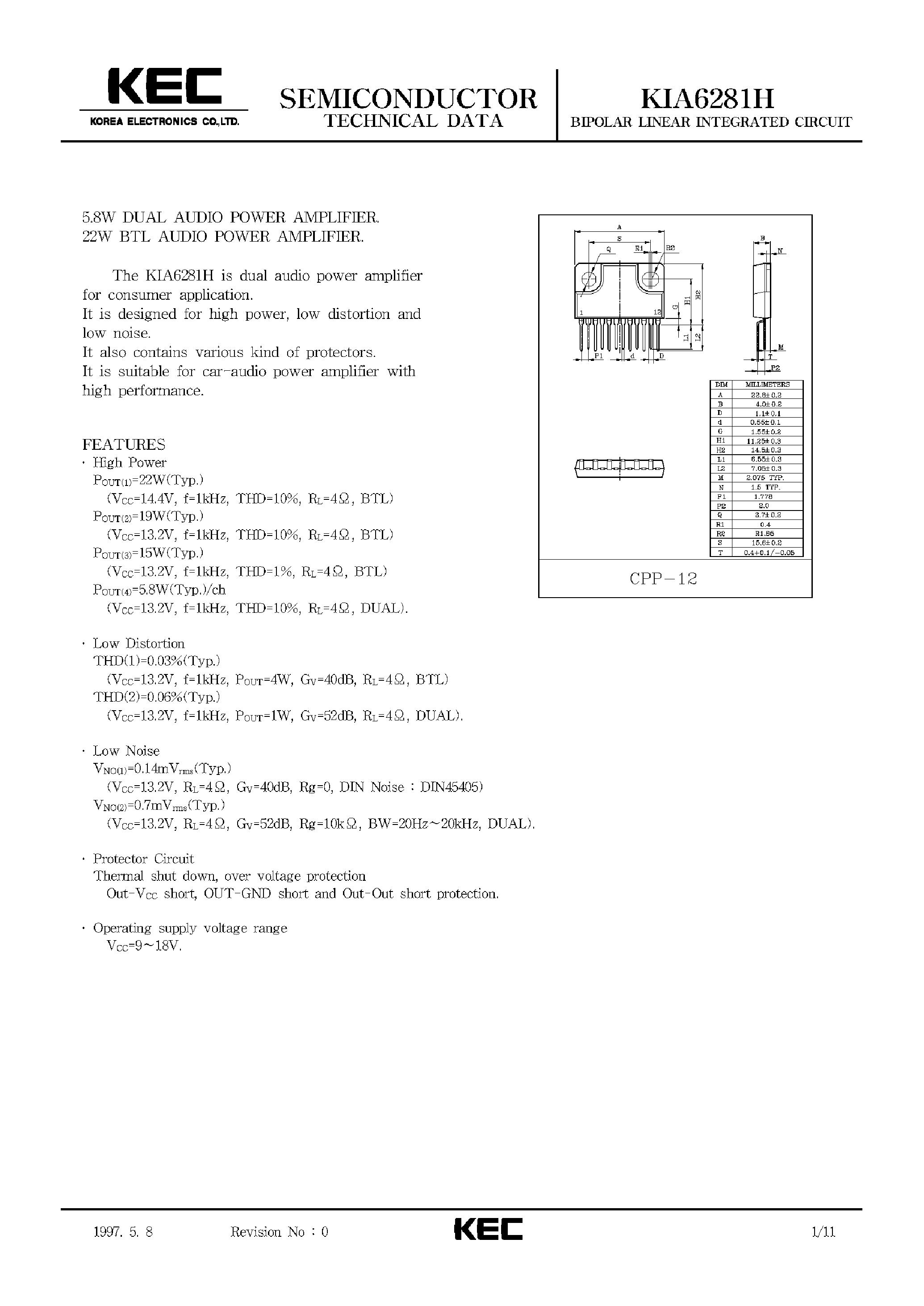 Datasheet KIA3281H - BIPOLAR LINEAR INTEGRATED CIRCUIT (5.8W DUAL AUDIO POWER AMPLIFIER 22W BTL AUDIO POWER AMPLIFIER) page 1